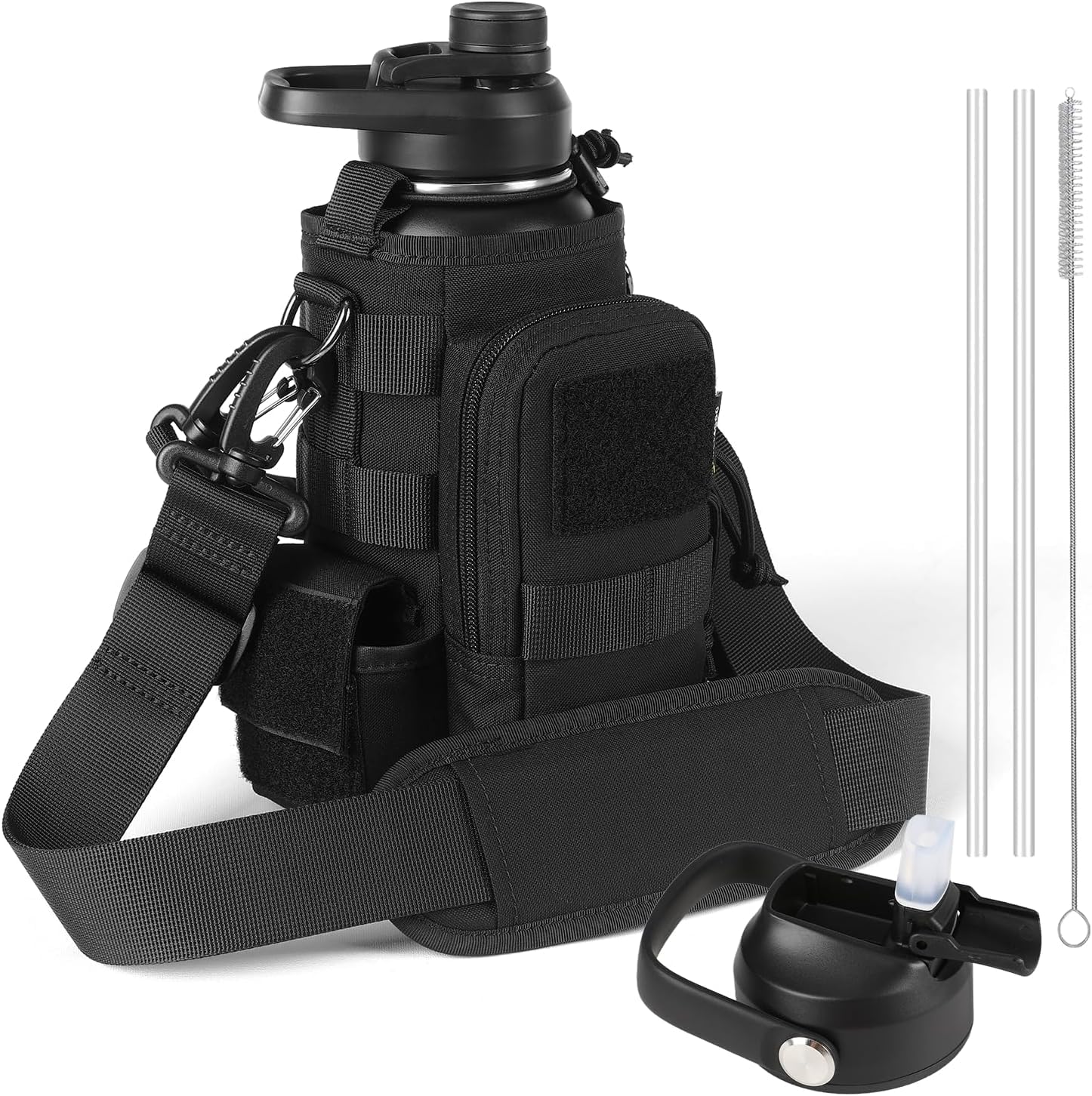 Bouteille d'eau tactique en acier inoxydable - Bouteille isotherme pour l'extérieur, la randonnée, le camping, la chasse - 32 oz - Noir