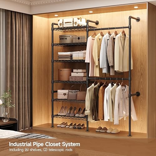 Miniatura 3 de Perchero para colgar en la pared, perchero industrial de metal con 2 varillas expandibles para colgar y 6 estantes, organizadores de armario y Negro