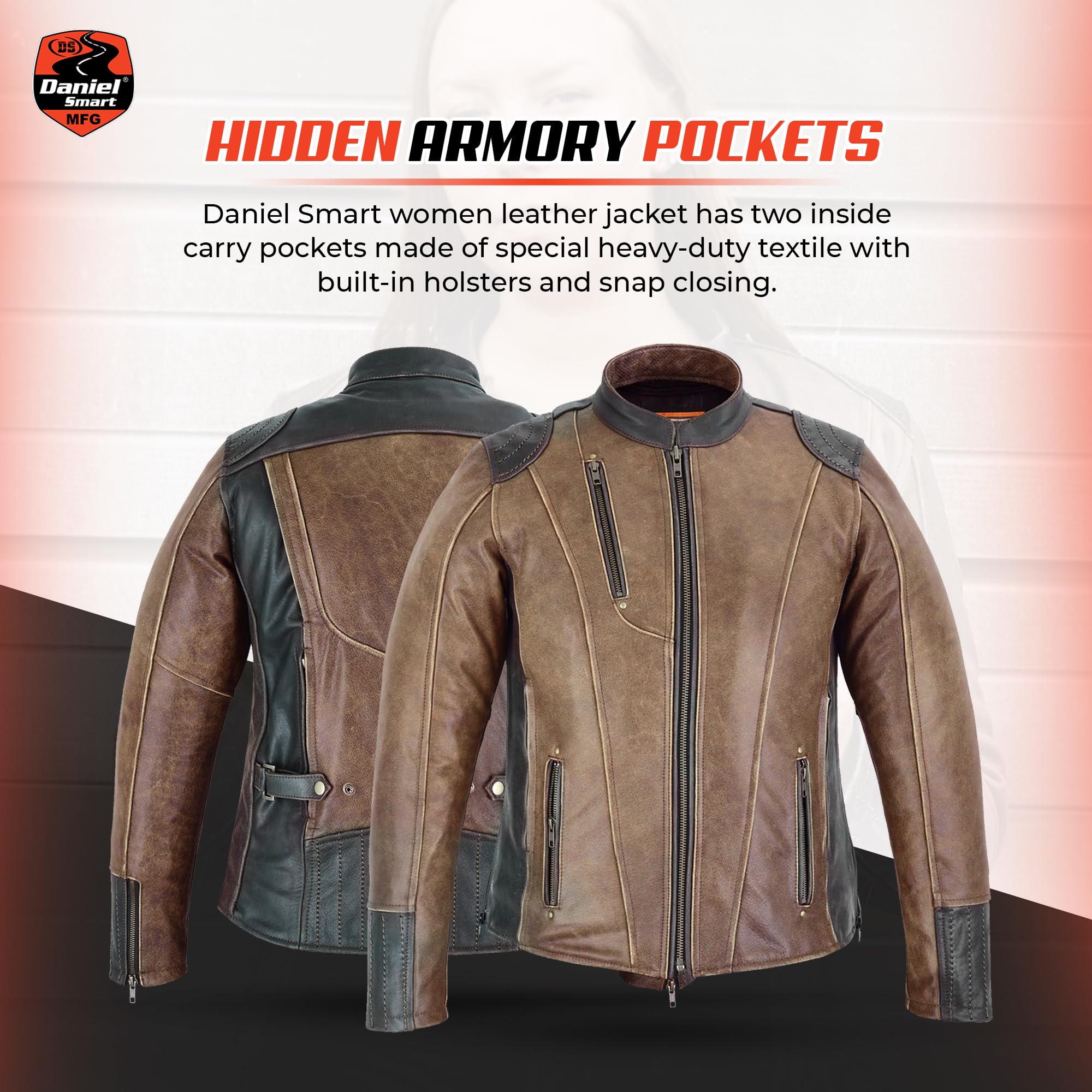 Daniel Smart Women Leather Jacket Cowhide Women Motorcycle Jacket with Vintage Brown Design inside Carry Pocket — view 5