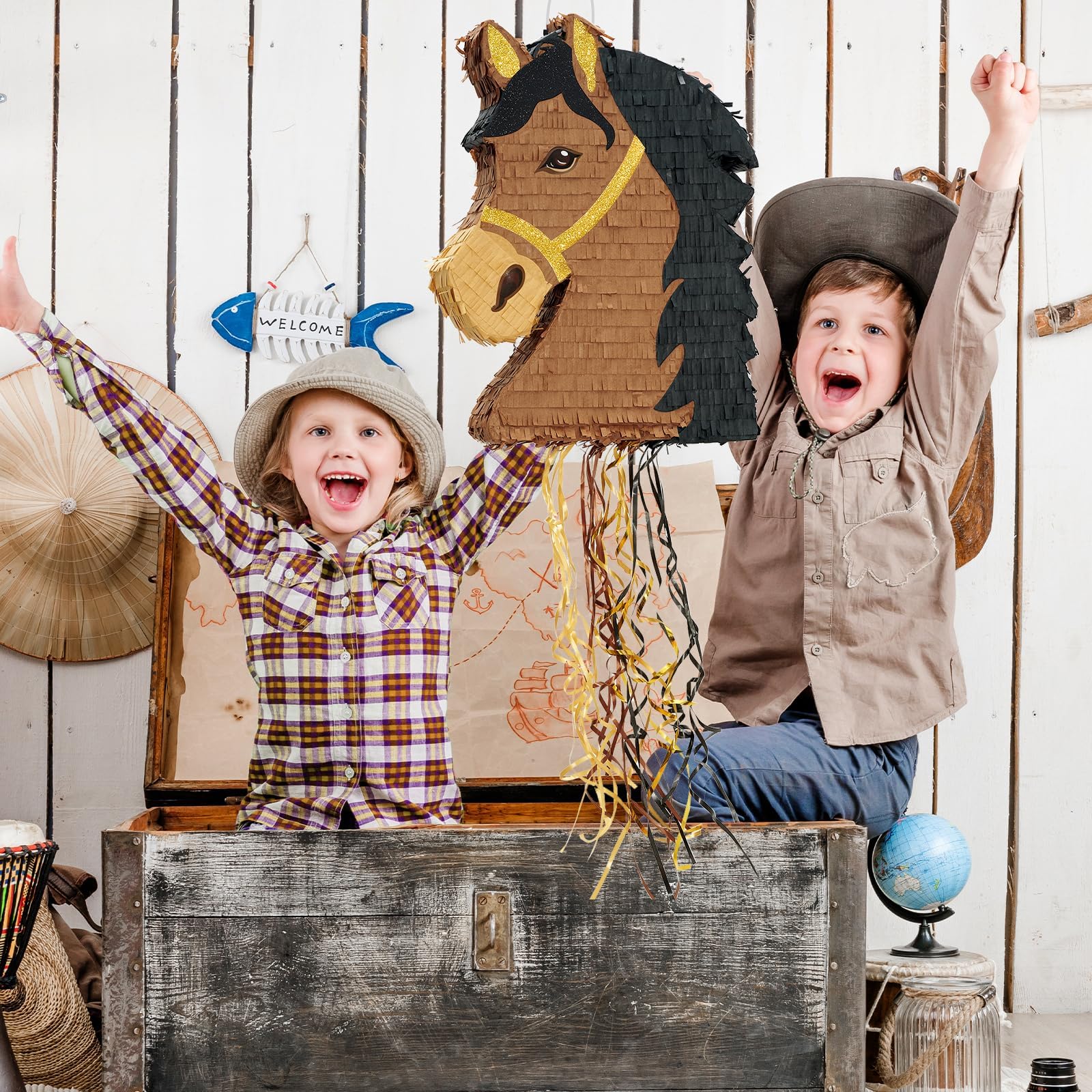 WERNNSAI Piñata cheval – Décoration d'anniversaire pour garçon et enfant Tête de cheval avec bâton Bandeau pour les yeux Décorations de fête d'anniversaire Cowboy Westworld Party Piñata Jeux