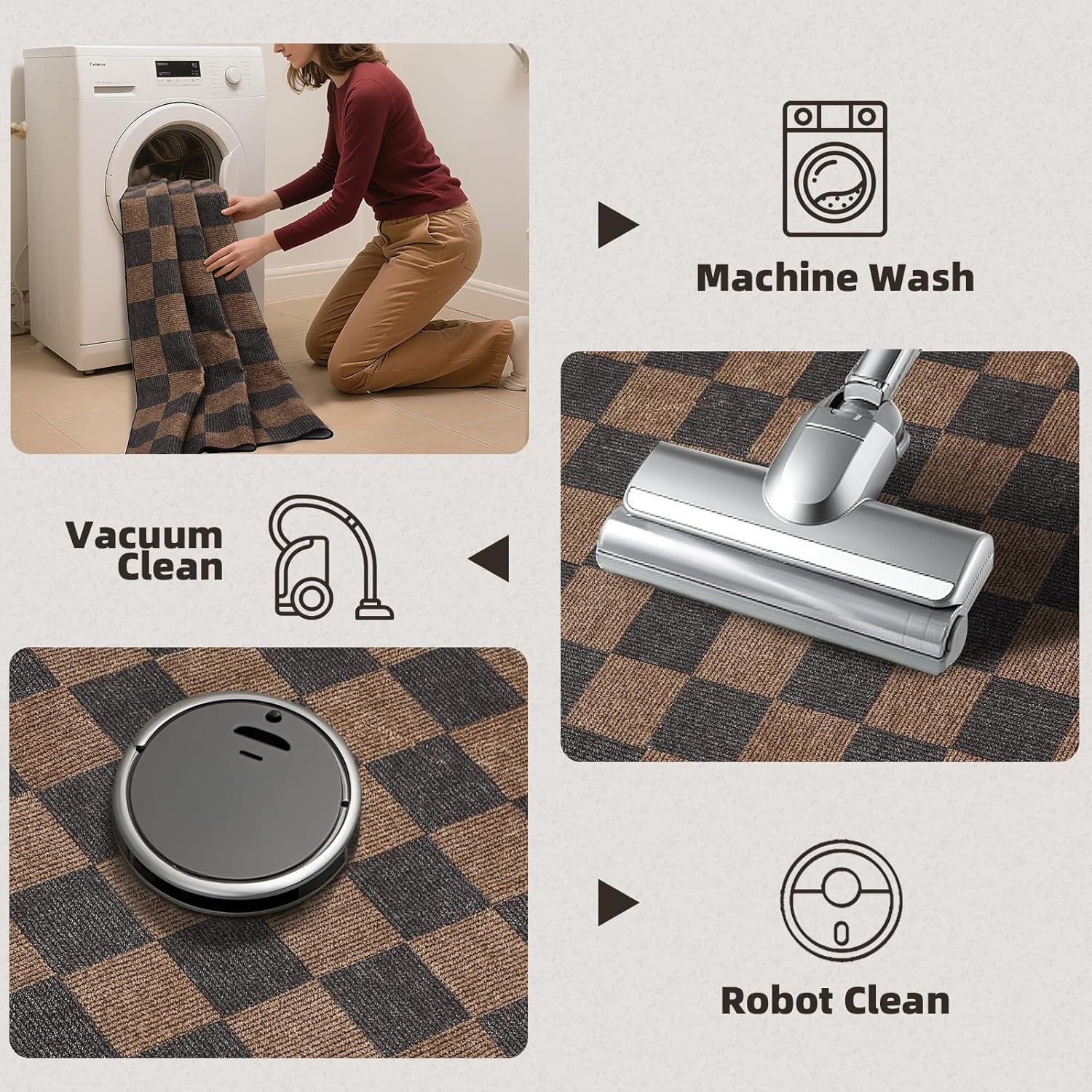 Washable Rug 8x10 Checkered Rug, Black and Brown Area Rug, Boho Large Rugs for Living Room, Low Pile Lightweight Indoor Carpet with Non-Slip Backing for Bedroom Classroom Playroom Kids