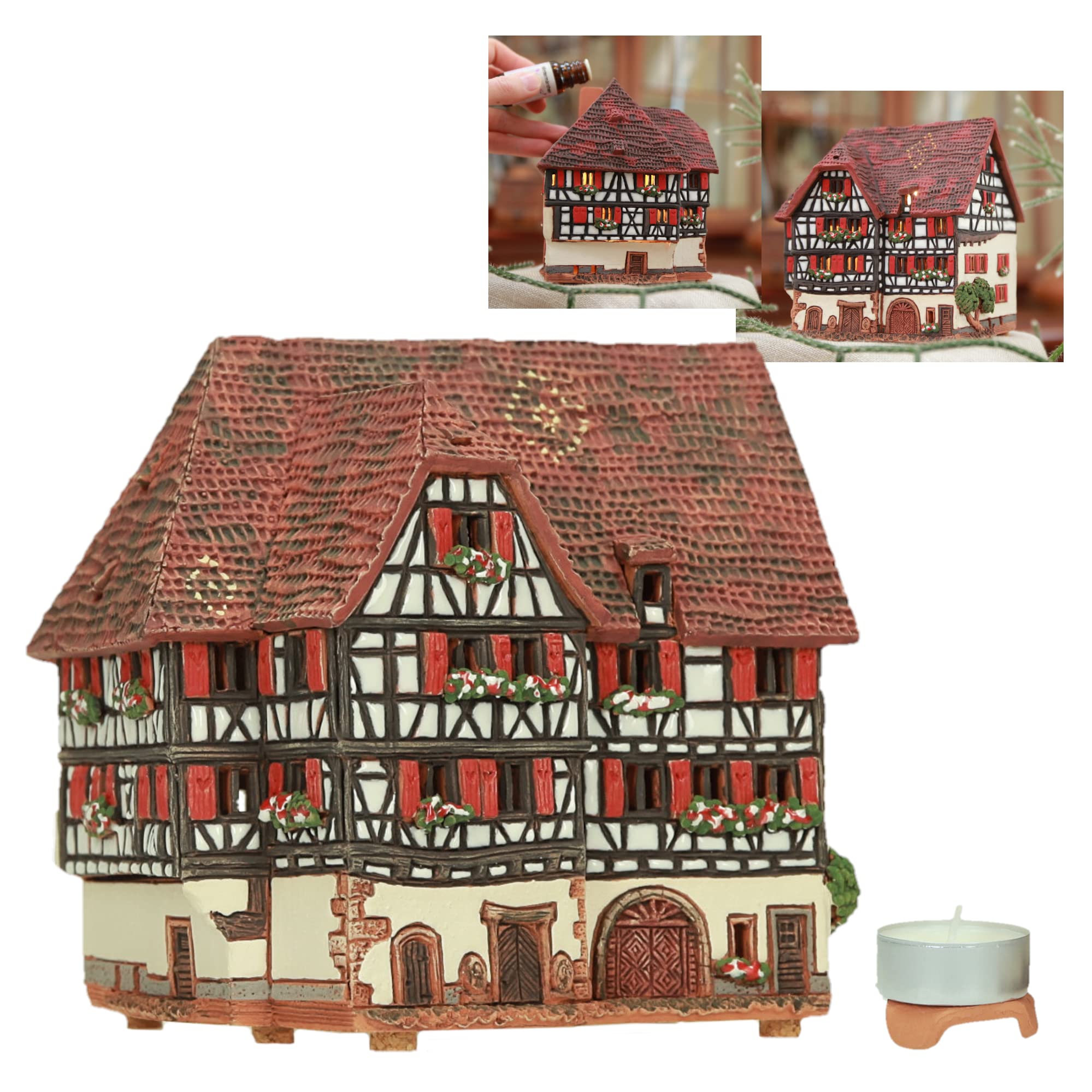Ceramiczny aromat domku świetlnego, rękodzieło, miniaturka artystyczna, stary historyczny dom z muru pruskiego w Obernai, Alzacja, B256AR