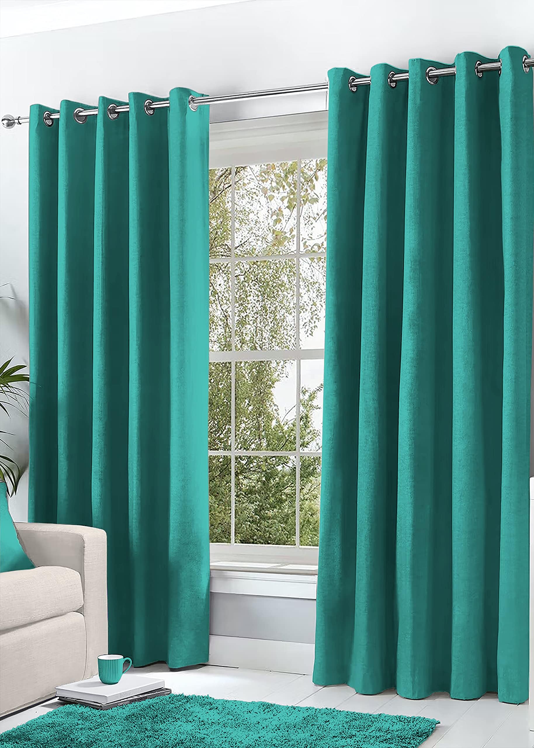 Hachette Thermal Blackout Curtains Eyelet Ring Top Including Pair of Tiebacks (Teal, 46" x 54")