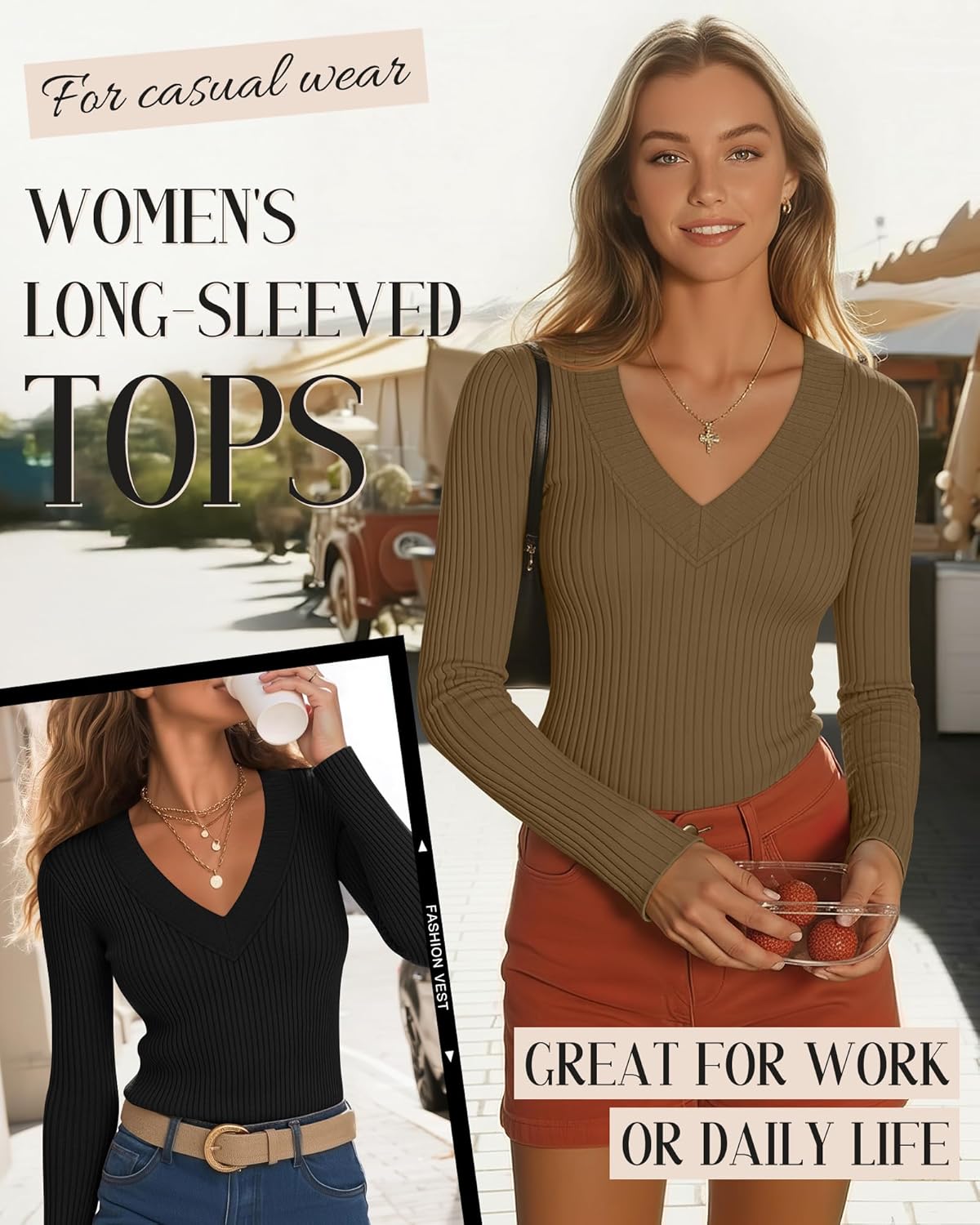 3 Pack Women's Ribbed Deep V Neck Shirts Long Sleeve Knit Slim Fit Casual Base Layer Soft Undershirts Blouses Tops - Image 3