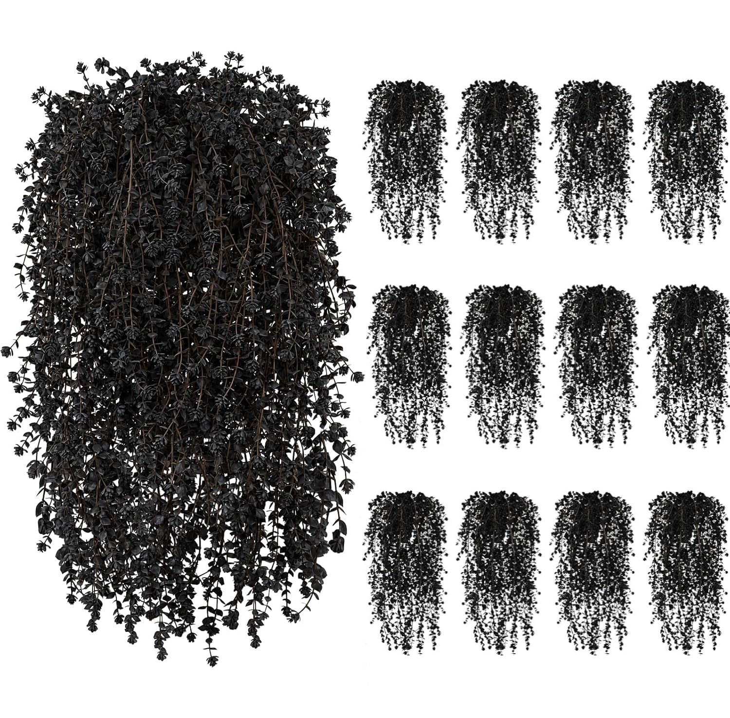 12Pcs Artificial Hanging Plants Outdoor Black Artificial Hanging Flowers Halloween Decorations UV Resistant Fake Trailing Plants Faux Eucalyptus Plants Plastic Flower for Halloween Porch Garden Decor