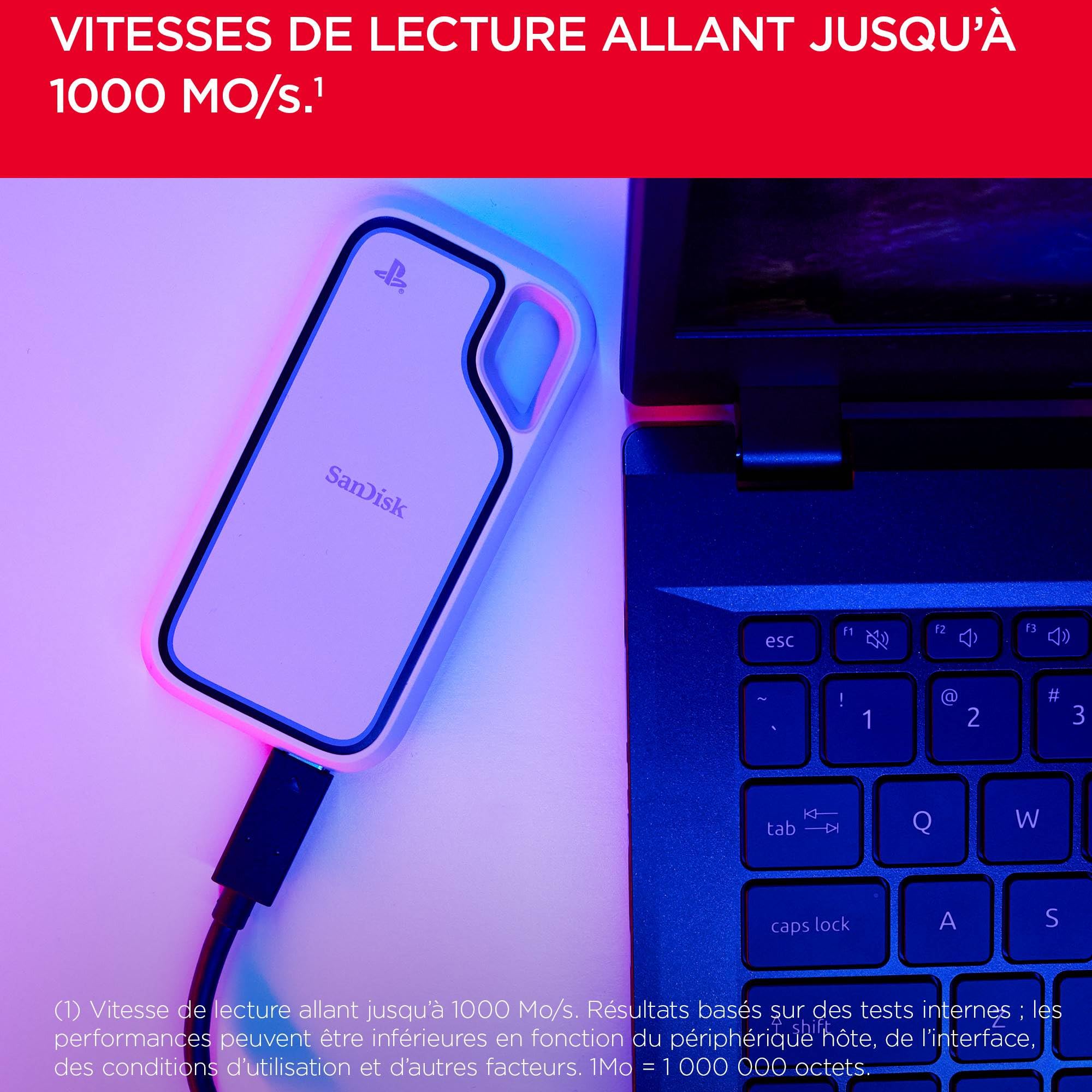 SanDisk Extreme Portable Disque SSD pour Console PlayStation 5 et PC 2 to, Vitesse de Lecture jusqu'à 1000 Mo/s, IP65 résistance, Protection Contre Les Chutes, Un essai d’Un Mois pour Discord Nitro