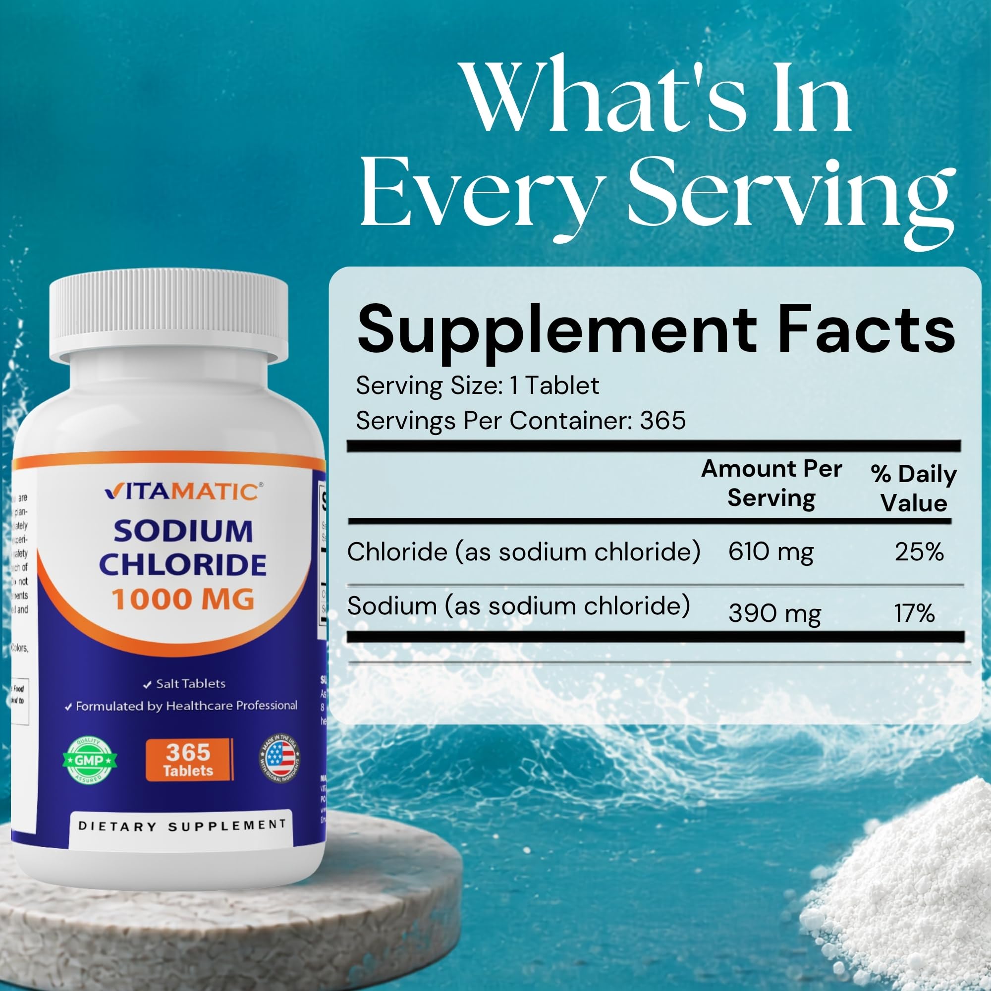 Vitamatic Sodium Chloride 1000mg per Tablet, 365 Tablets - 3 Pack — Amazon image 2