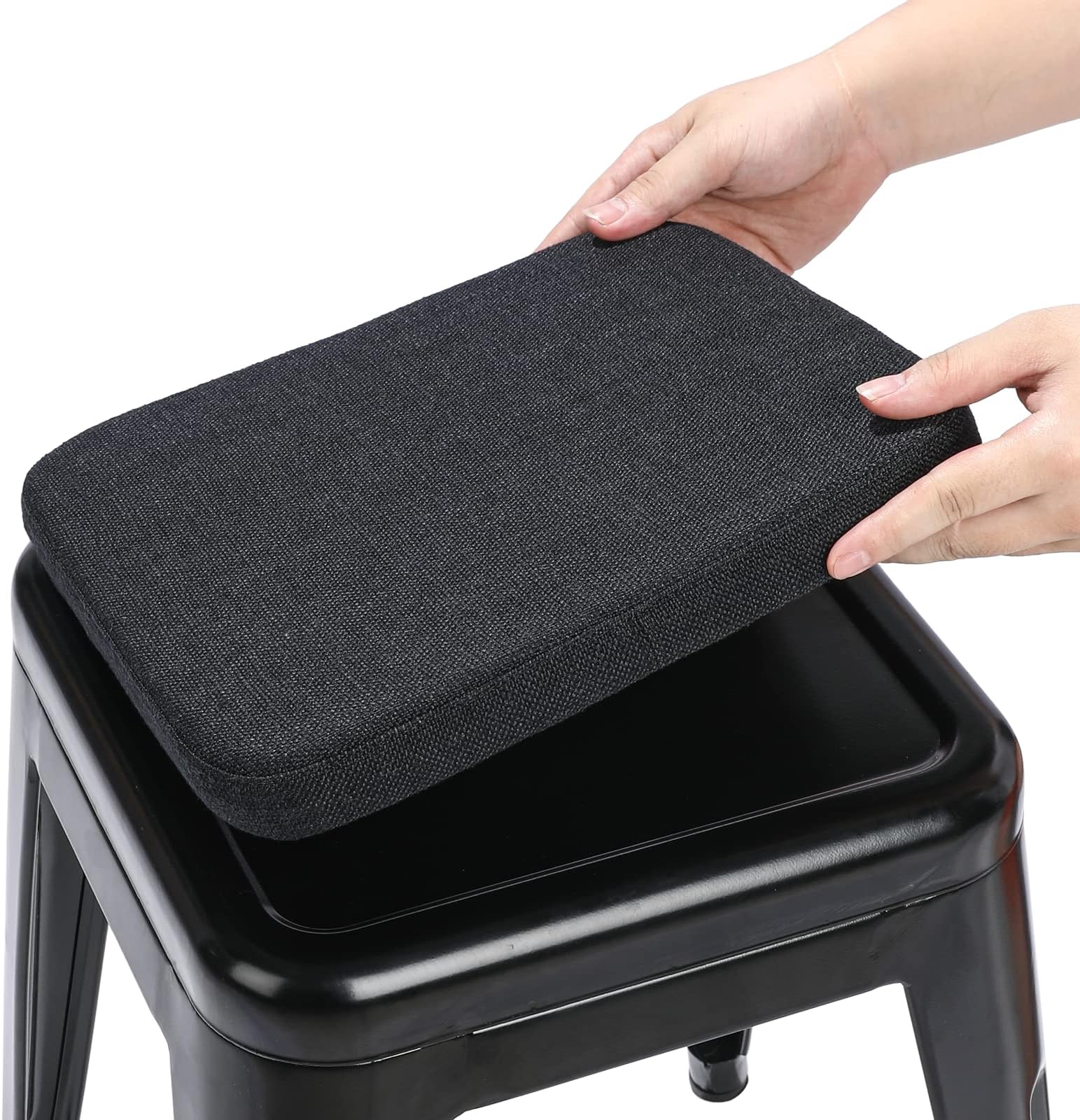 BUYUE Luxury Linen Bar Stool Cushion, Magnetic 12" Seat Cushion for Small Metal Chair, Breathable Chair Pad for Café Restaurant Bistro Patio (Square, Black, 1 Count)