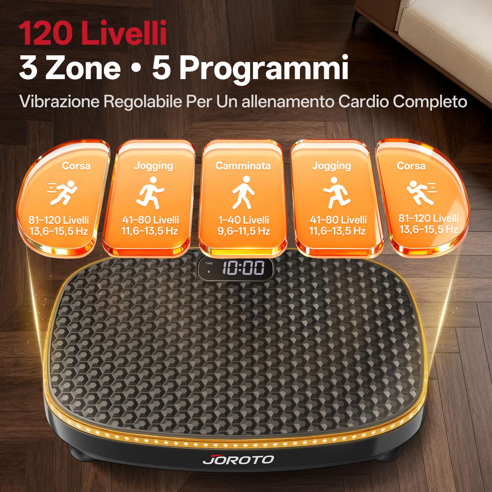 JOROTO JV50/JV60 Pedana Vibrante 4D per Casa, con 3 Motori, 10 Programmi & 120 Livelli, Altoparlante Bluetooth, Luci LED per Allenamento Completo del Corpo, Portata Massima di 158KG
