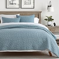 Vista 1 de HORIMOTE HOME Juego de cubrecamas y colcha de 100% algodón, tamaño King, color azul empolvado prelavado con patrón de adoquines, funda de cama