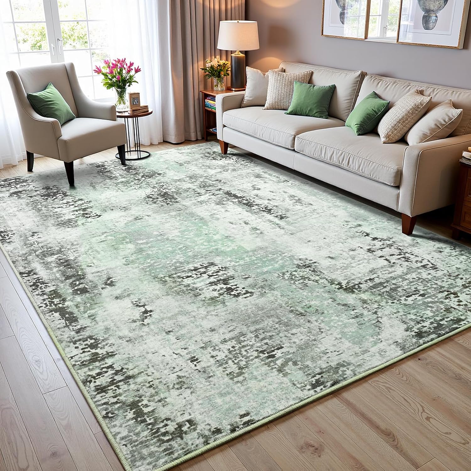 Washable Abstract Area Rug, 5x7 Green Modern Living Room