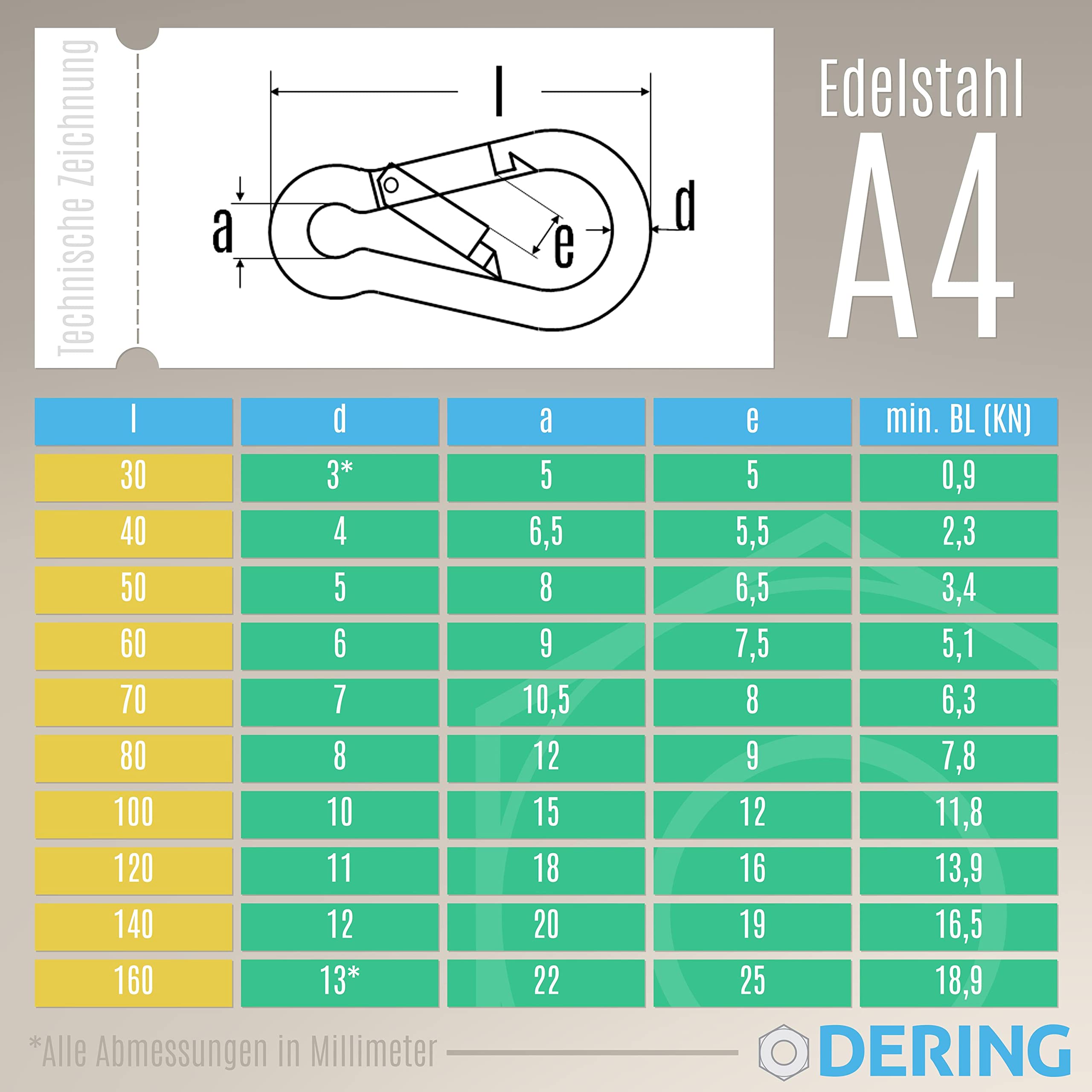 DERING Karabiner Edelstahl 10x100 mm 25 Stück Karabinerhaken für Camping Zubehör