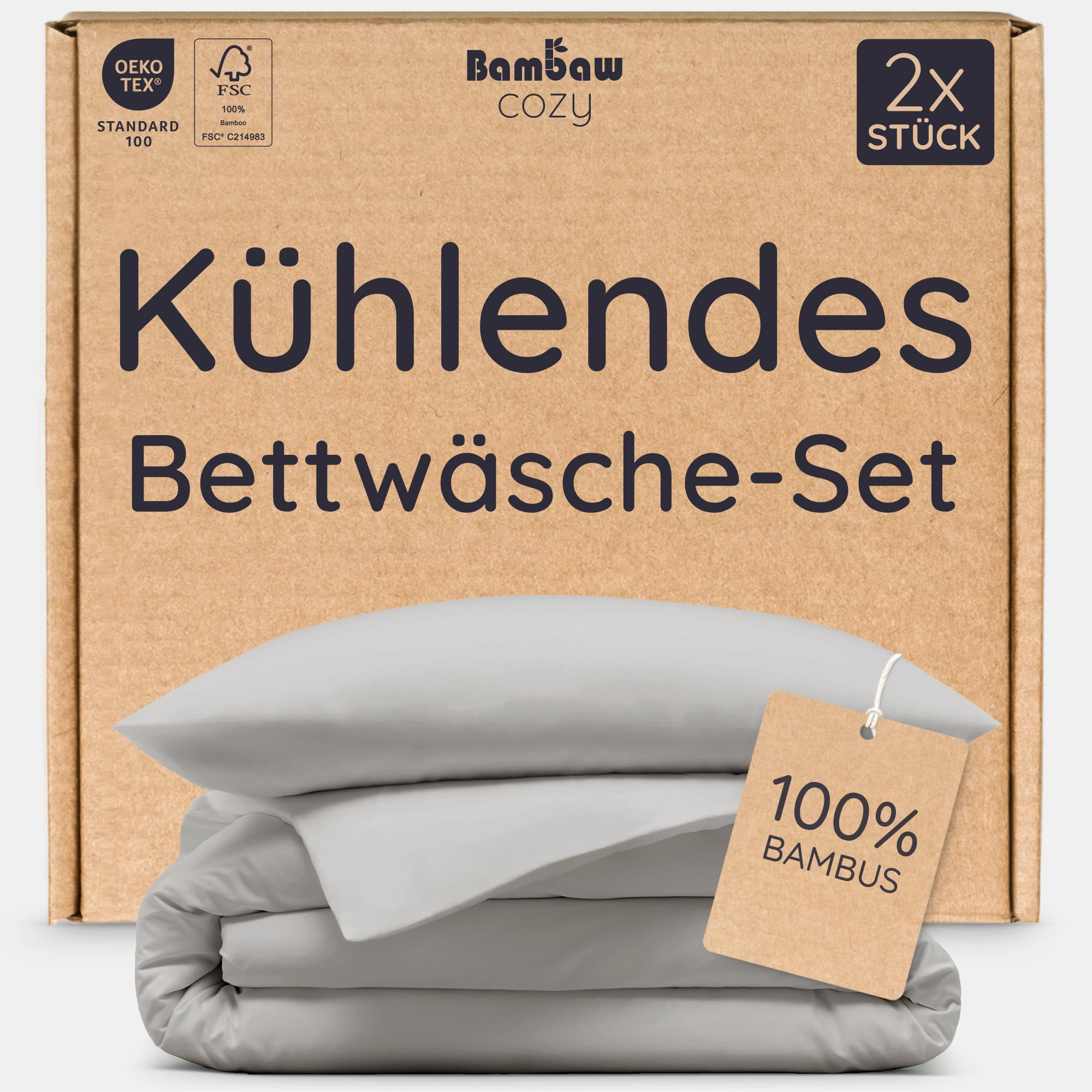 Bambaw Kühlende Bettwäsche Bambus 135x200 cm, 2-Teilige Set (Hellgrau)