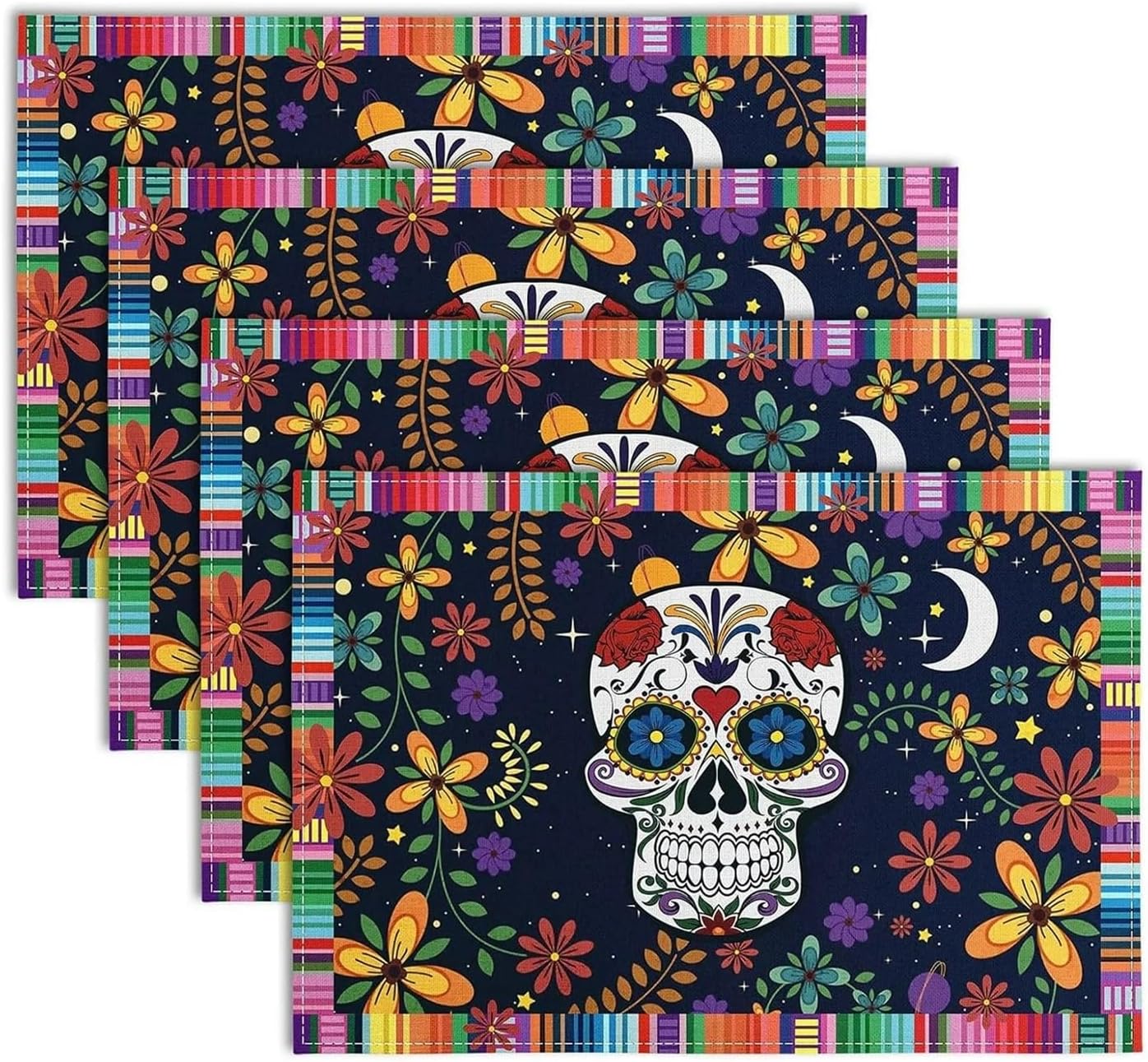 4pcs Linen Mexican Talavera Ceramic Tile Placemats Cinco De Mayo Day of The Dead Dia De Los Muertos Mexican Fiesta Party Decor 12x18(2p)