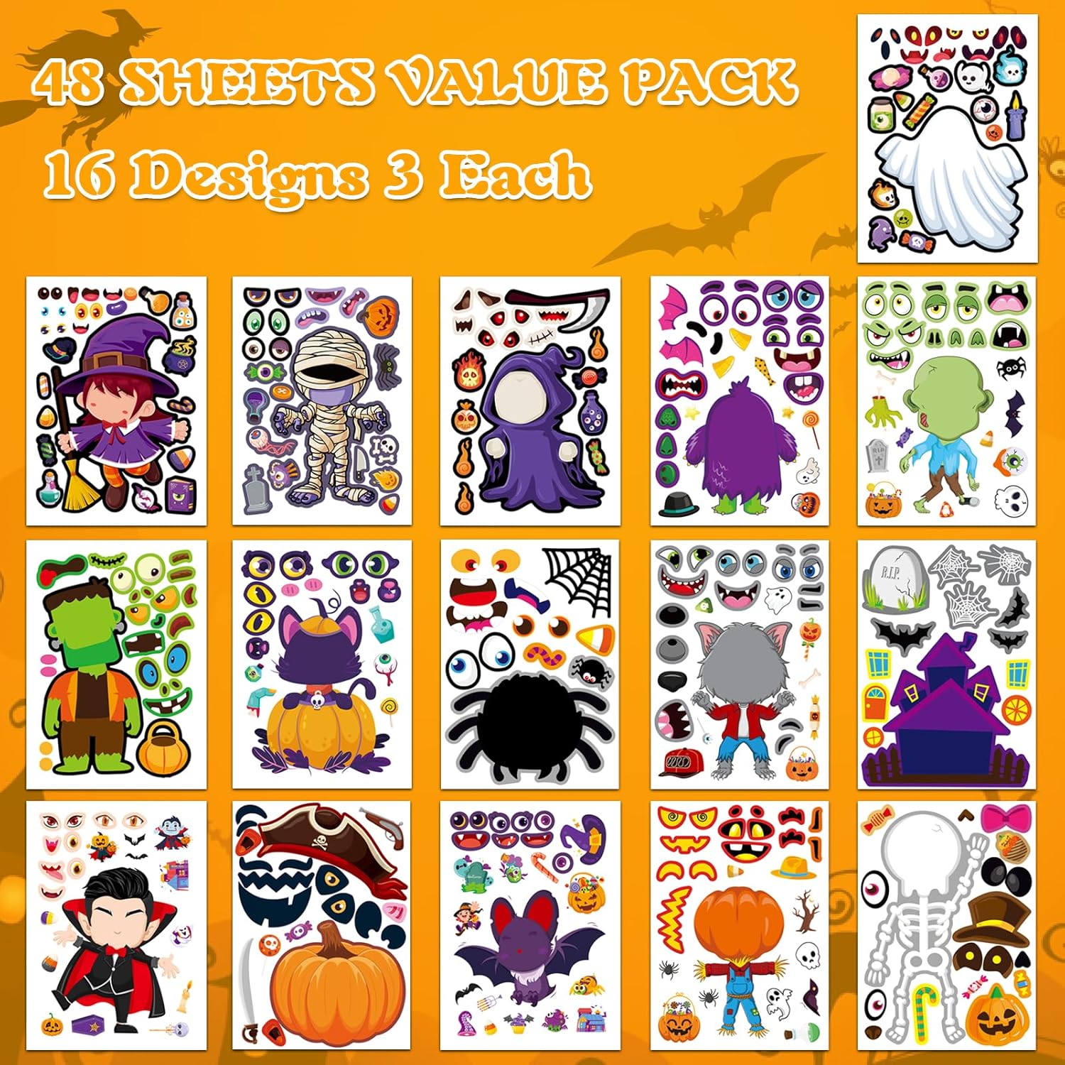 Aowplc 48 Halloween Make-a-Face Sticker Sheets for Kids - 16 Unique Designs, Mix & Match for Party Favors, Crafts, Goodie Bags Stuffers, Classroom Activities, and Holiday Games