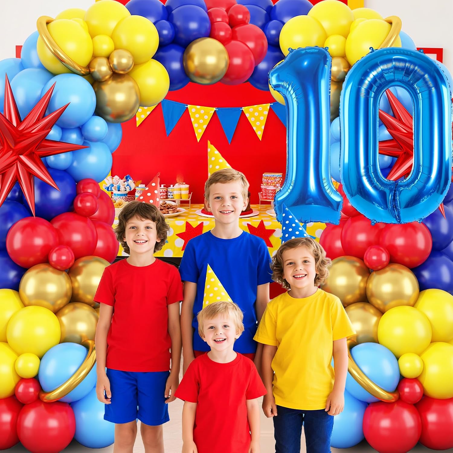 Red Blue Yellow 10th Birthday Balloons Arch, Royal Blue Metallic Gold Balloon Garland Kit, Red Star Foil Blue Number 10 Balloon Tower for 10 Year Old Kids Boys Birthday Baby Shower Party Decorations - Image 5