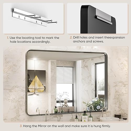 Miniatura 5 de DUMOS Espejo de baño rectangular redondeado con marco de metal negro para colocar sobre la pared del fregadero, espejo grande mate de 30 x 22