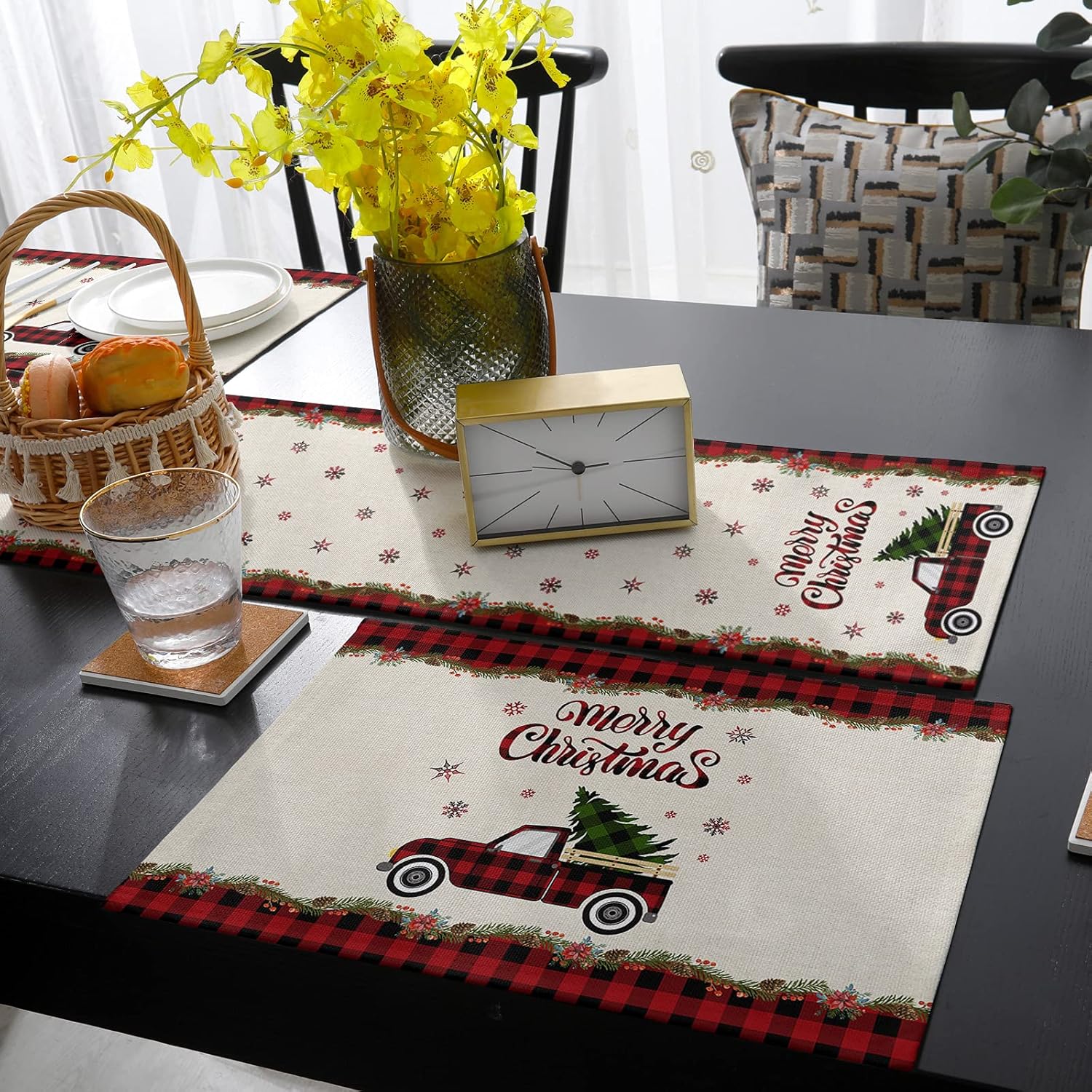 Merry Christmas Table Runner and Placemats Set of 6,Truck Pull Xmas Tree Heat Resistant Cotton Linen Dining Table Runner 90 Inch and Table Mats 6 Pcs Kits for Home Kitchen Decor-Buffalo Plaid Border