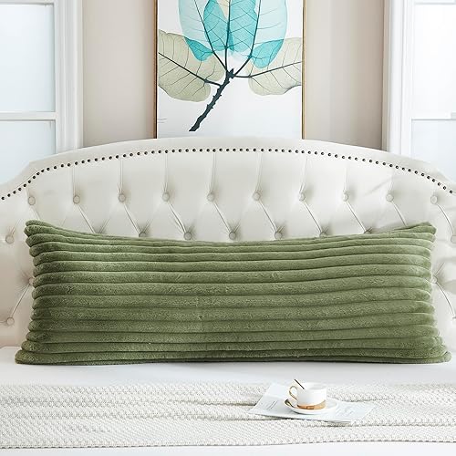 Miniatura 2 de Yaoshuho Funda de almohada corporal de piel sintética de conejo peludo, funda de almohada de lujo de felpa a rayas con cremallera, almohada