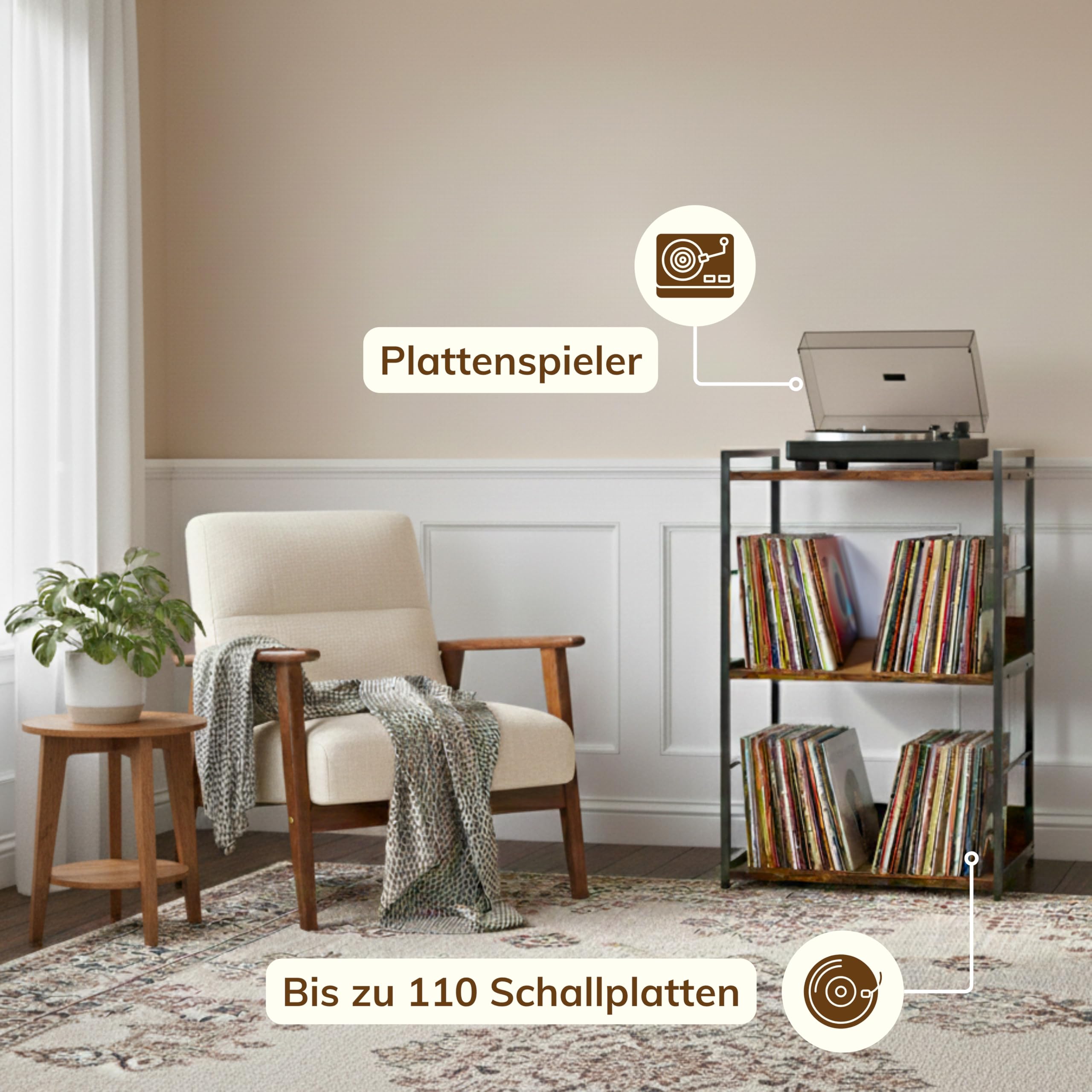 ACAZA Vinyl-Schrank – für Plattenspieler – 48 x 38 x 80 cm – Braun Vintage – Design Holz MDF – Aufbewahrungssystem Vinyl – Halterung LP – Schallplattenregal – Schallplattenschrank