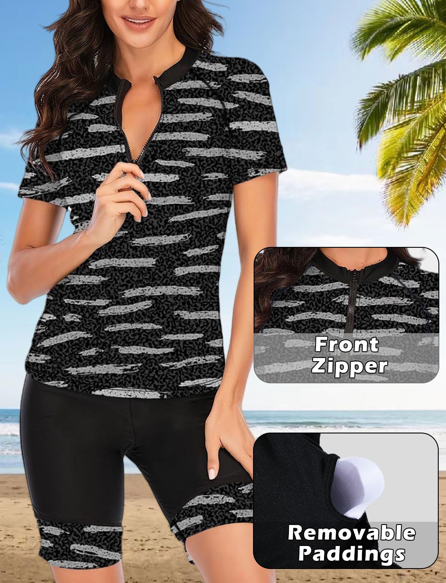 Costume da bagno da donna in due pezzi con protezione solare UPF 50+, stampa floreale, costume da bagno con pantaloncini corti