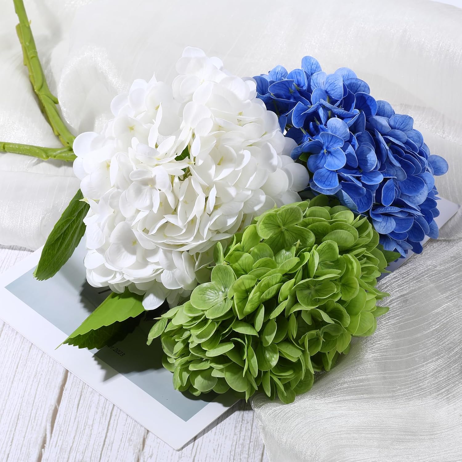 3 Pcs Green Hydrangea Artificial Flowers, 19 inch Faux Hydrangeas Real TouchFlowers, Long Stem Artificial Flowers for Tall Vase Home Wedding Bouquets Centerpieces Party Living Room Decoration