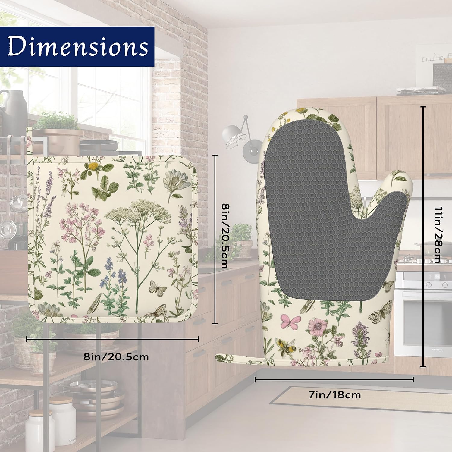 Wildflower Herbs Pot Holders and Oven Mitts Set Silicone Vintage Floral Butterfly Kitchen Gloves Potholders Heat Resistant Washable,Chef Cooking Baking Gifts for Women Men Bakers Lover Cooks