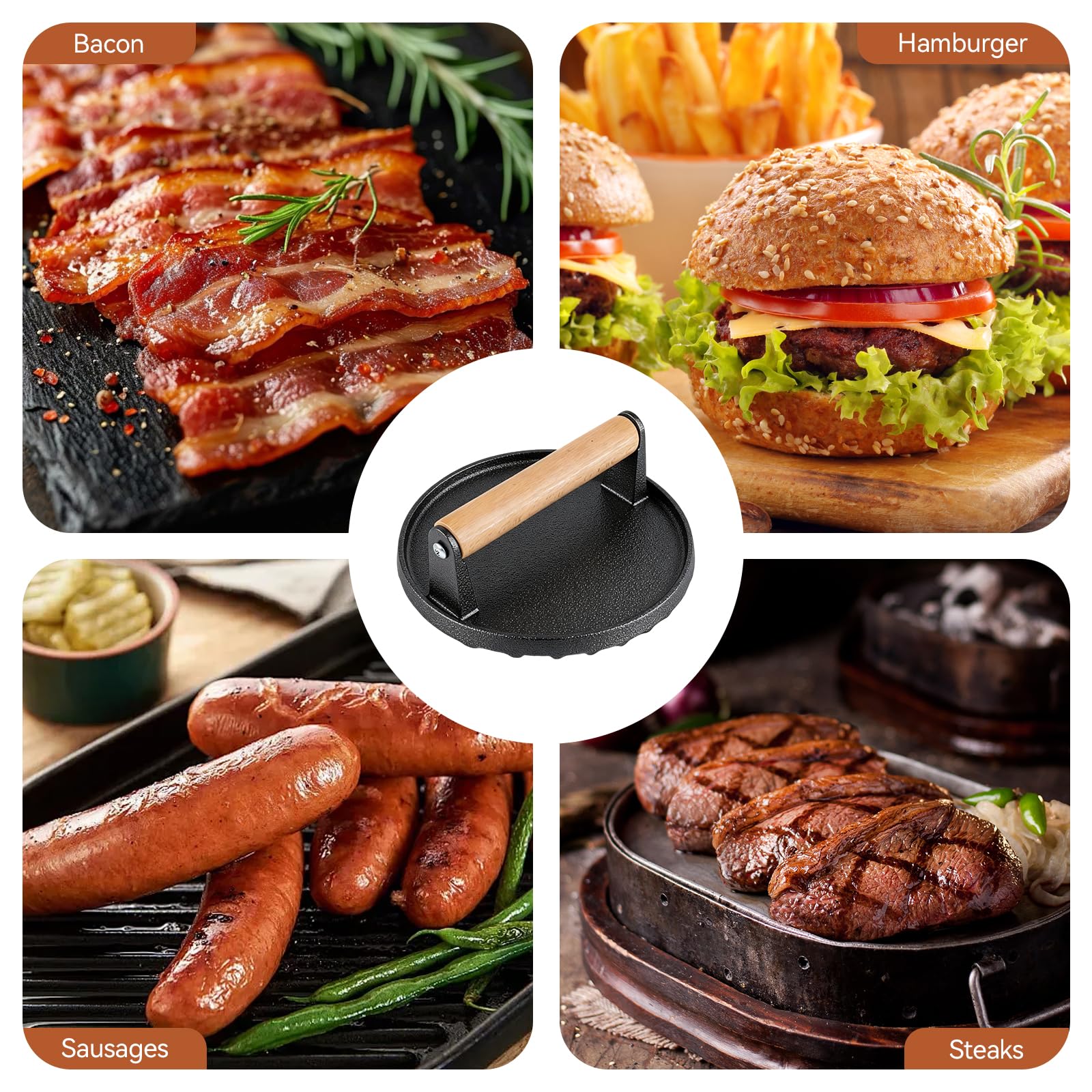 DGN Burger Smasher Gusseisen Rund Ø15,2cm mit Holzgriff | Smash Burgerpresse, Schwergewicht, Für Steaks, Burger, Fleisch, Speck, Sandwiches, Würstchen