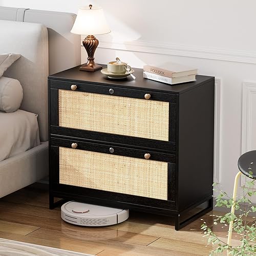 Miniatura 8 de VINGLI Archivador lateral de ratán negro con 2 cajones con cerradura, gabinetes de archivos con bloqueo de madera para oficina en casa, soporte de