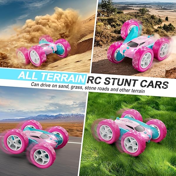 QUNREDA Ferngesteuertes Stunt Auto Pink 4WD 2.4GHz Mädchen RC Car Doppelseitig 360° Flip Rotation LED Licht Modularer Akku Robustes Outdoor Spielzeug 6‑12 Jahre Geburtstags Weihnachts Geschenk - 5