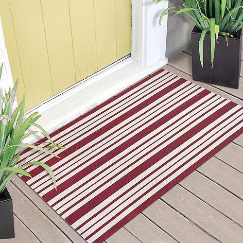 Alfombra a rayas rojas y blancas de 27.5 x 43 pulgadas, de algodón, tejida a mano, reversible, plegable, lavable, alfombra roja y blanca para