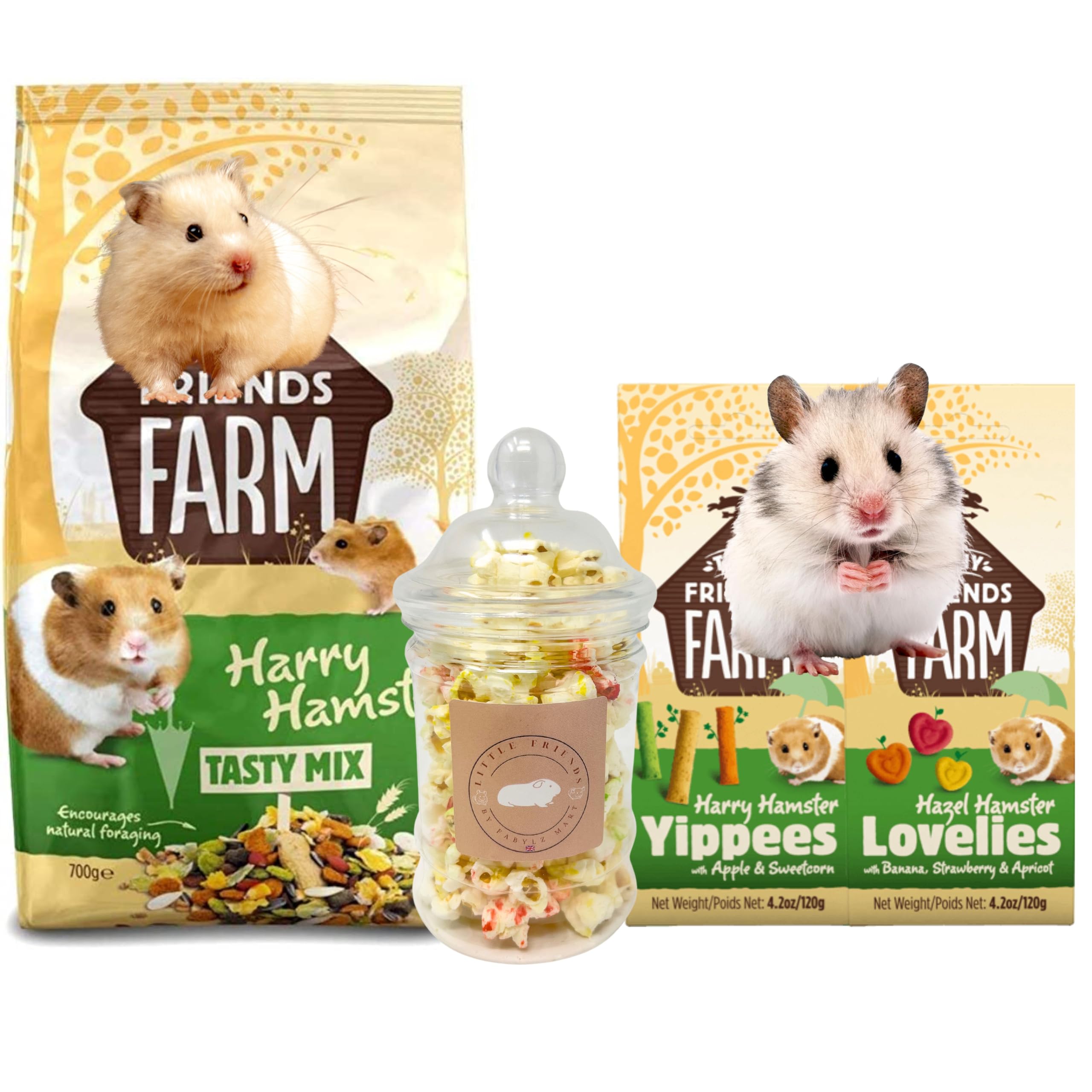 Hamster Food and Treats bundle containing Hamster Food 700g, Hamsters Treats 120g x2 and Mixed Flavour Popcorn Jar