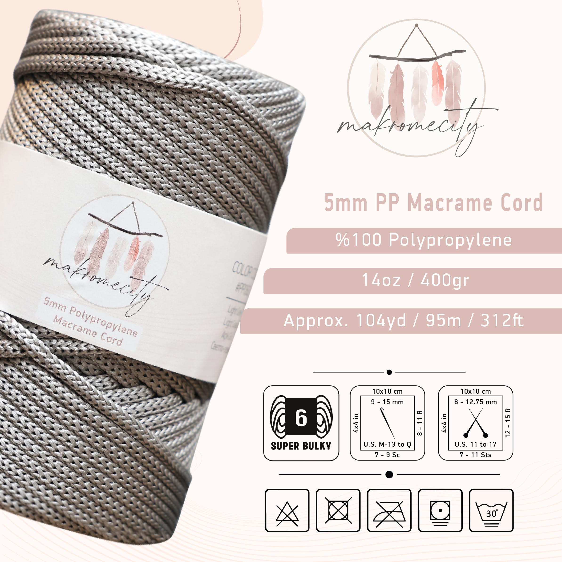 Makromecity, 2 écheveaux de cordon en polyester pour macramé de 5 mm x 95,1 m (309 pieds) - Cordon en polypropylène gris clair de 5 mm pour sacs en macramé, crochet, travaux manuels pour suspensions