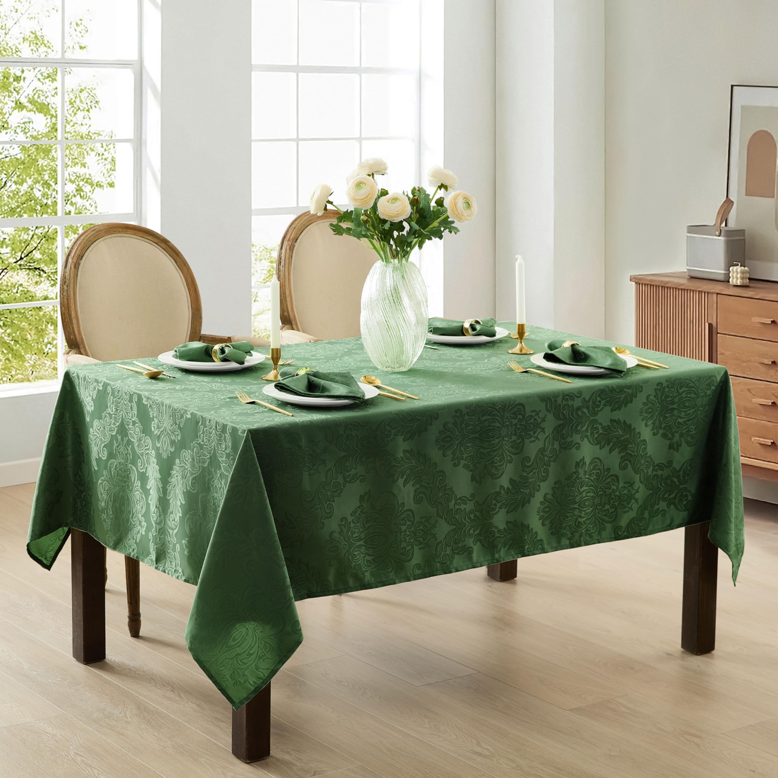 Newbridge Barcelona Damask Fabric Tablecloth, 60 x 102 Inch Rectangle, Hunter Green – No Iron, Soil Resistant Table Cover for Dining, Parties and Holidays