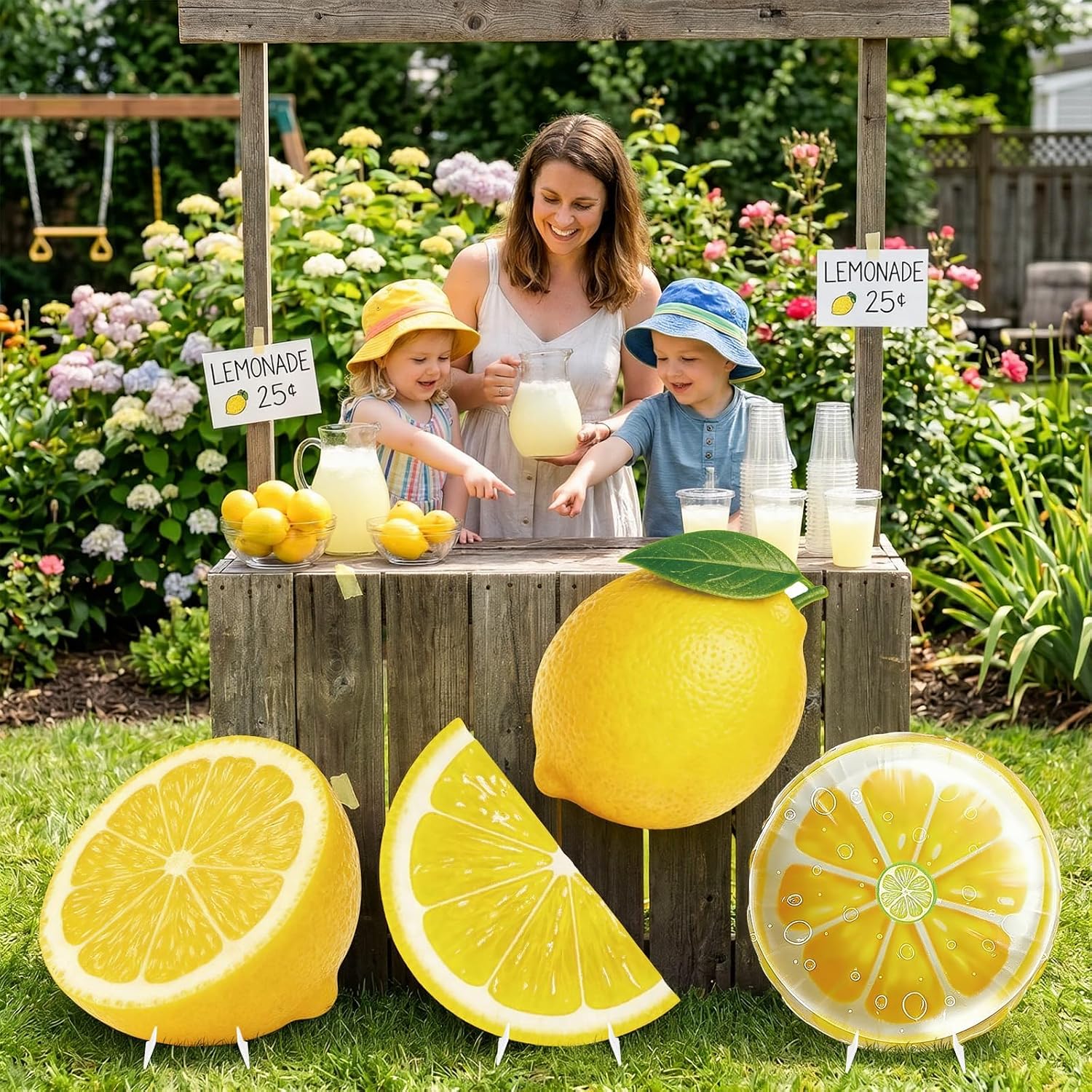 4 PCS Large Lemon Party Decorations, Lemonade Theme Standup Cardboard Cutout Lemon Birthday Photo Booth Props Main Squeeze Baby Shower Cut Out Backdrop and Sweet Summer Social Supplies