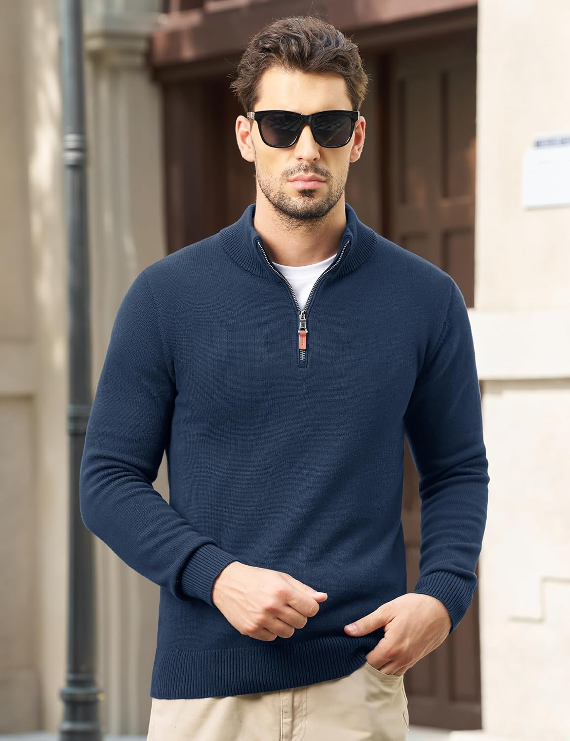 MAGNIVIT Men's Sweater Quarter Zip Pullover Fall Winter Spring Knitted Solid Color Sweater - Image 2