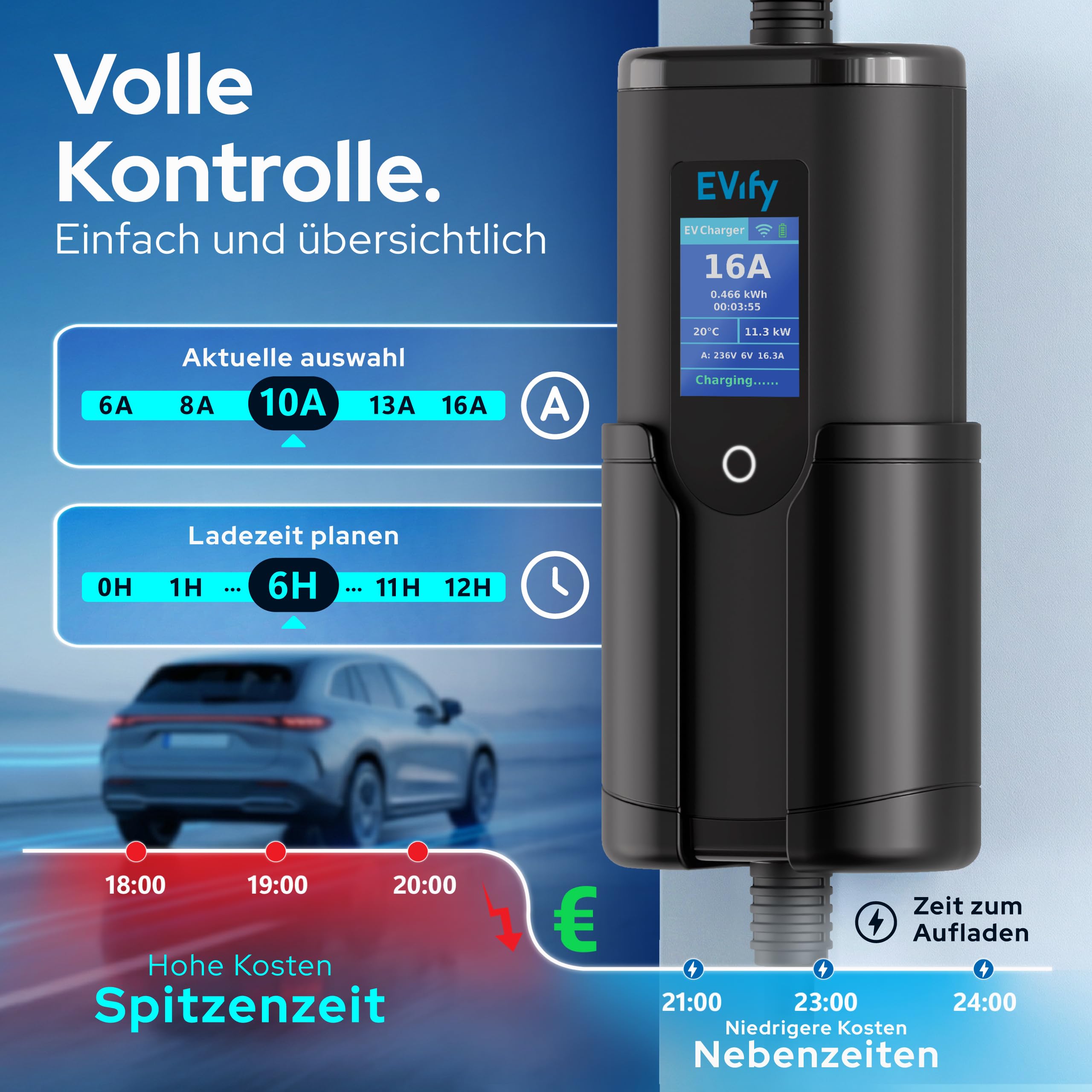 Mobile Wallbox 11kW Ladegerät Typ 2 - Ladekabel CEE 16a auf Typ 2 3-Phasig 5M, Ladegerät Ladeleistung einstellbar, Mobile Ladestation, Ladekabel E Auto Starkstrom, EV Charger 11kW mit Tasche