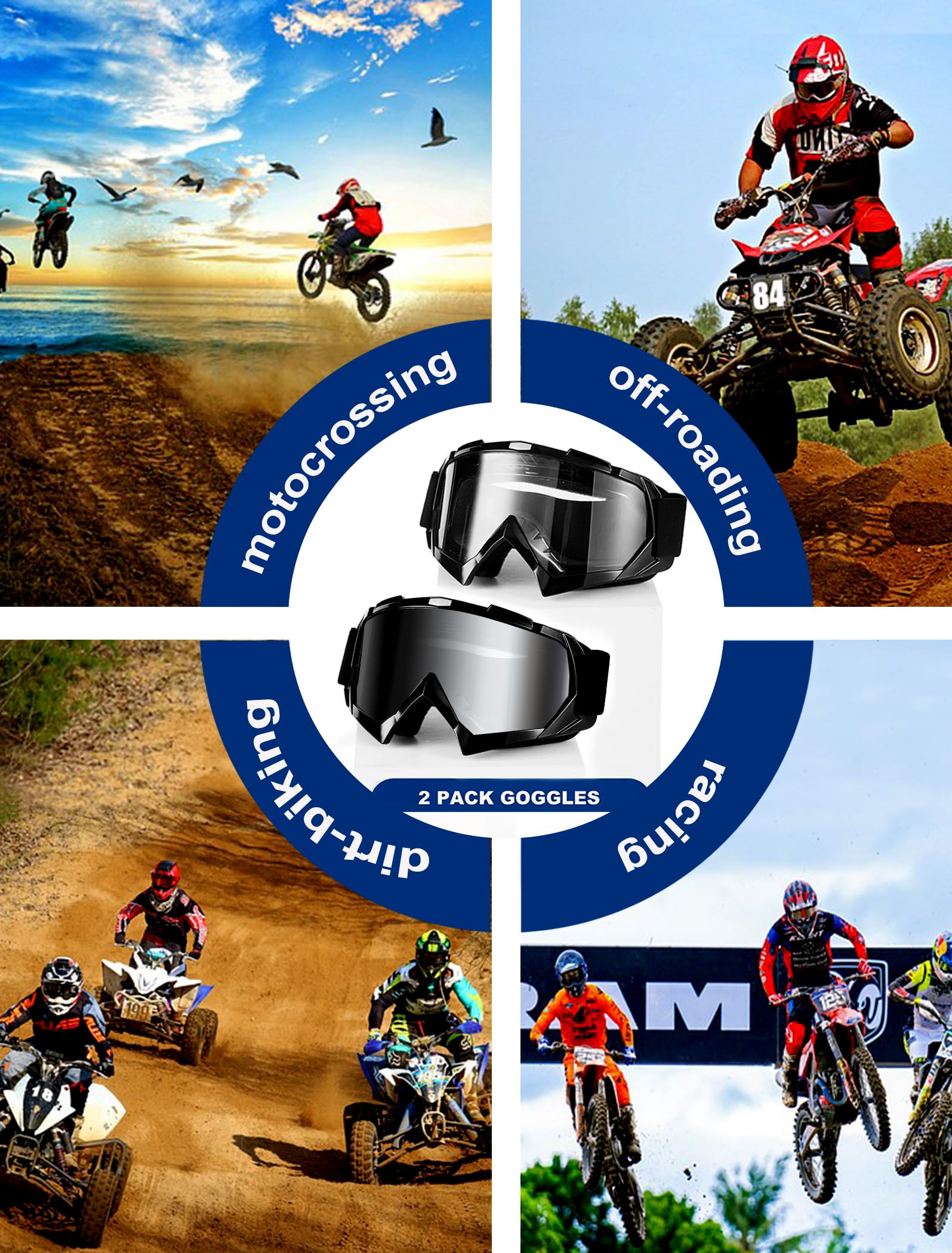 Motocross-Brille, 2 Stück, Motocross-Brille, ATV, Dirtbike, staubdicht, winddicht, Off-Road-Rennen, MX, Vierradbrille für Erwachsene, Herren, Damen, Jugendliche