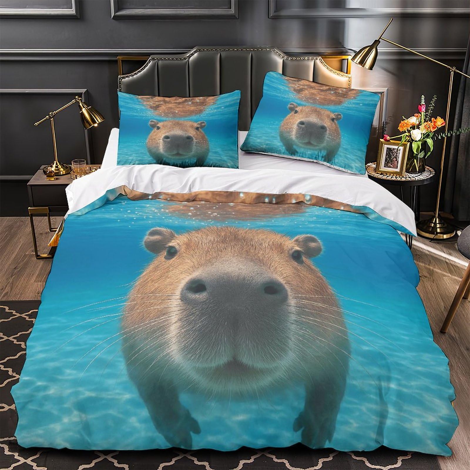 Parure de lit capybara sous l'eau pour décorer une chambre de fille originale