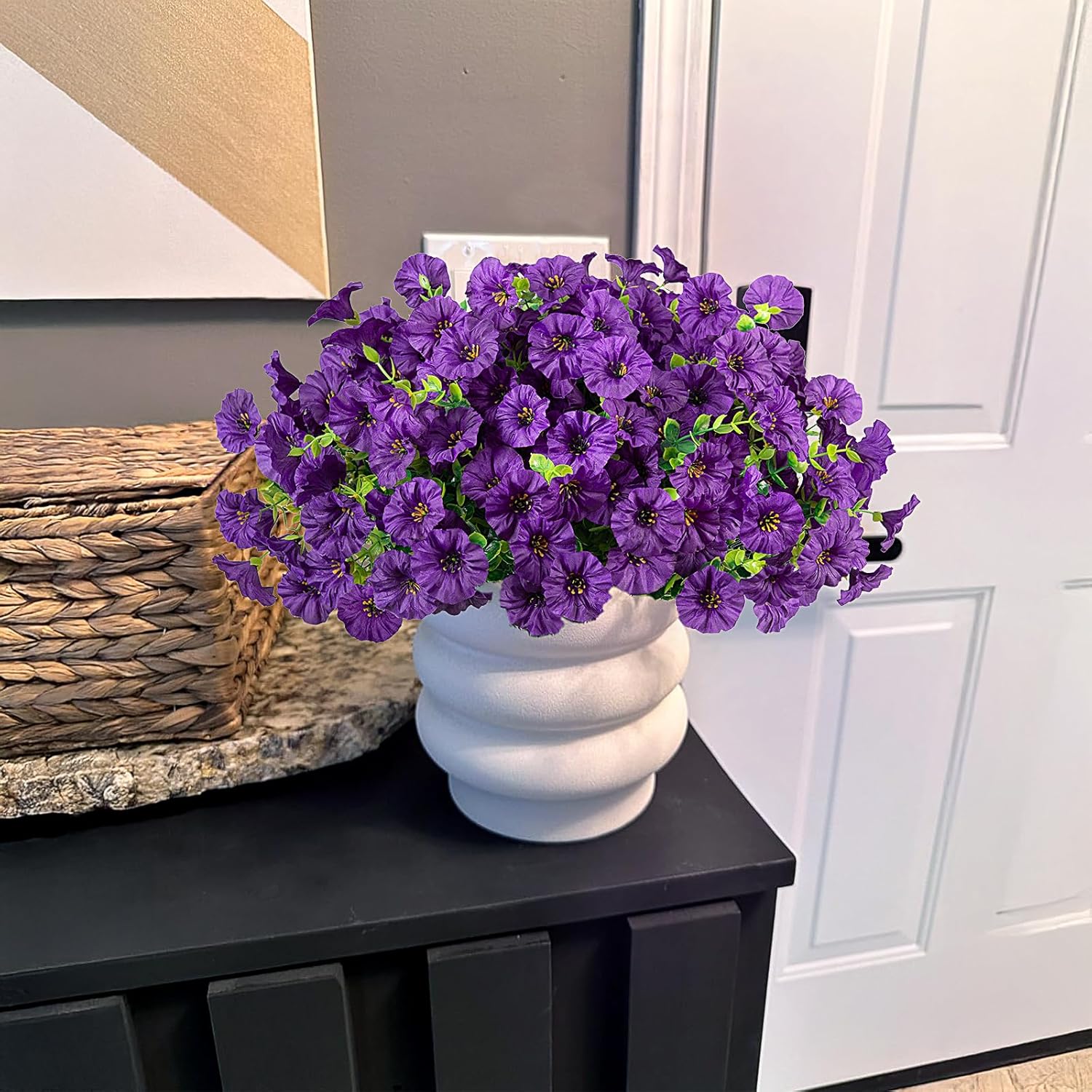 Artificial Flowers for Outdoor Decoration, 12 Bundles Fake Plastic Flower Plant, Faux Colorful Silk Morning Glory Eucalyptus for Outside Spring Summer Garden Porch Front Door Decor, Dark Purple
