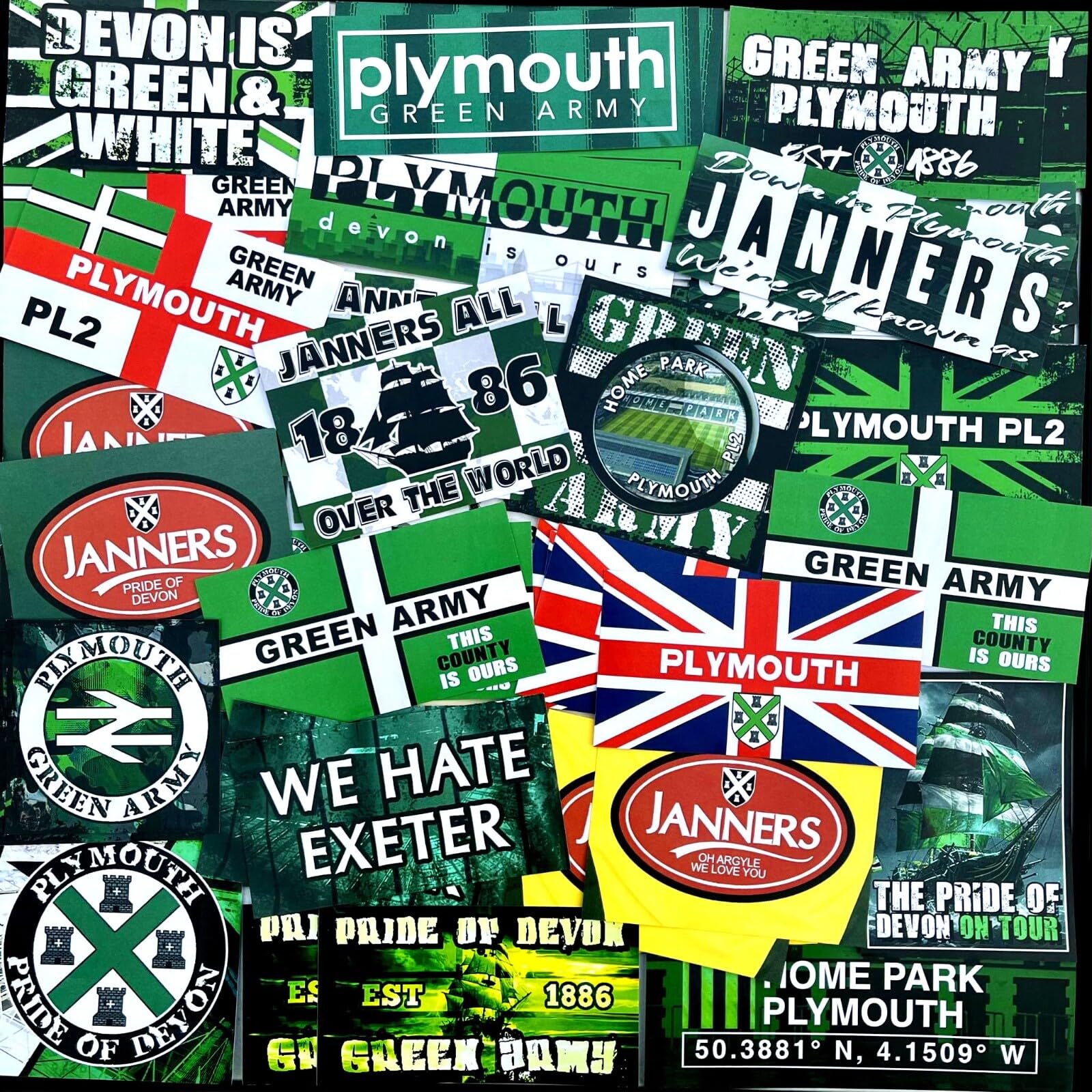 100 x Stickers for Plymouth Fans- Inspired by PAFC Argyle Ultras Janners Home Park Green Army Scarf Flags Banners