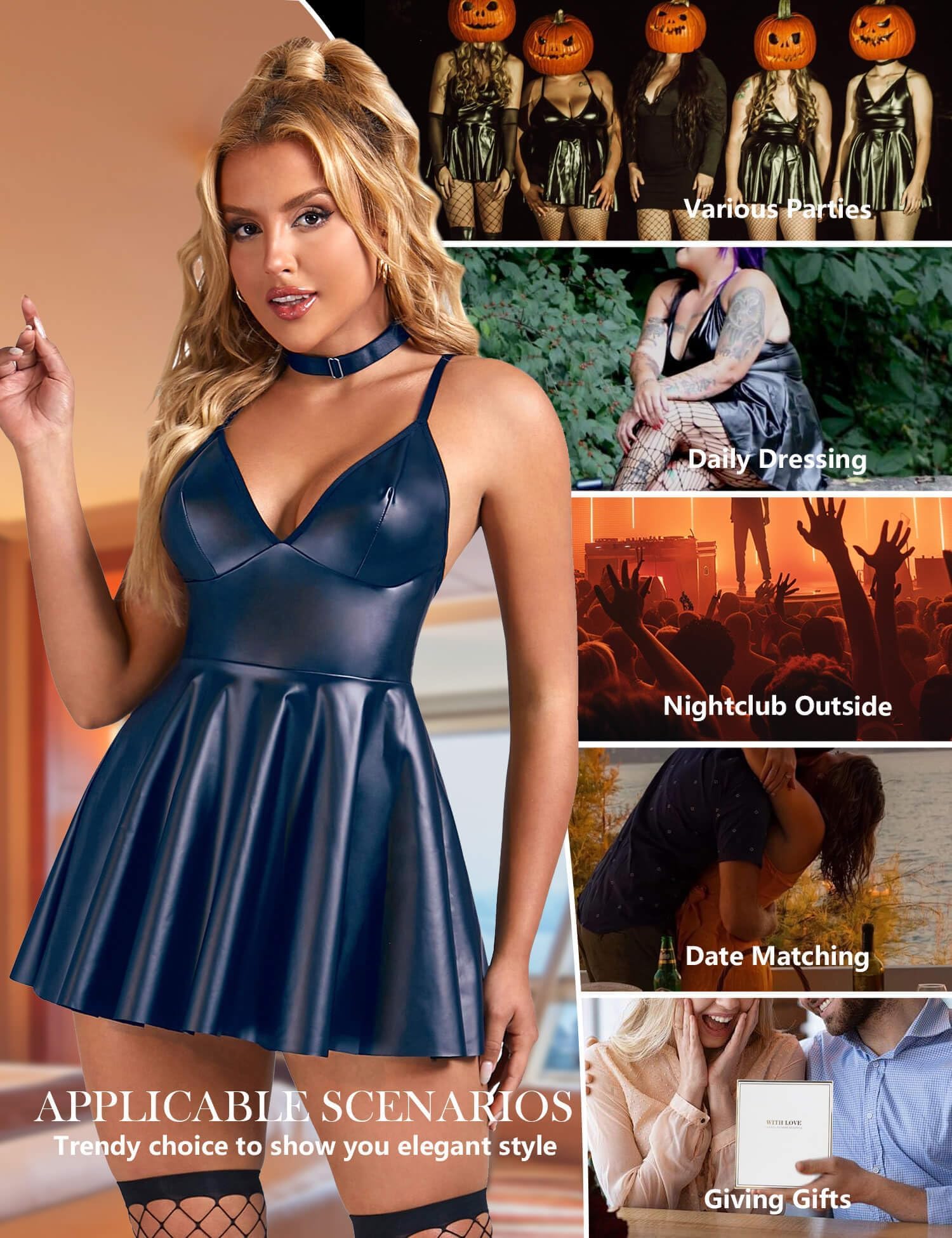 ohyeahlady Vestido Sexy Mujer Corto De Cuero Tallas Grandes Vestidos de Fiesta Elegantes Mini Vestito Sexy Club sin Mangas Ropa Lenceria Hot Trajes Vestir Conjunto Wetlook Ajustado Cóctel