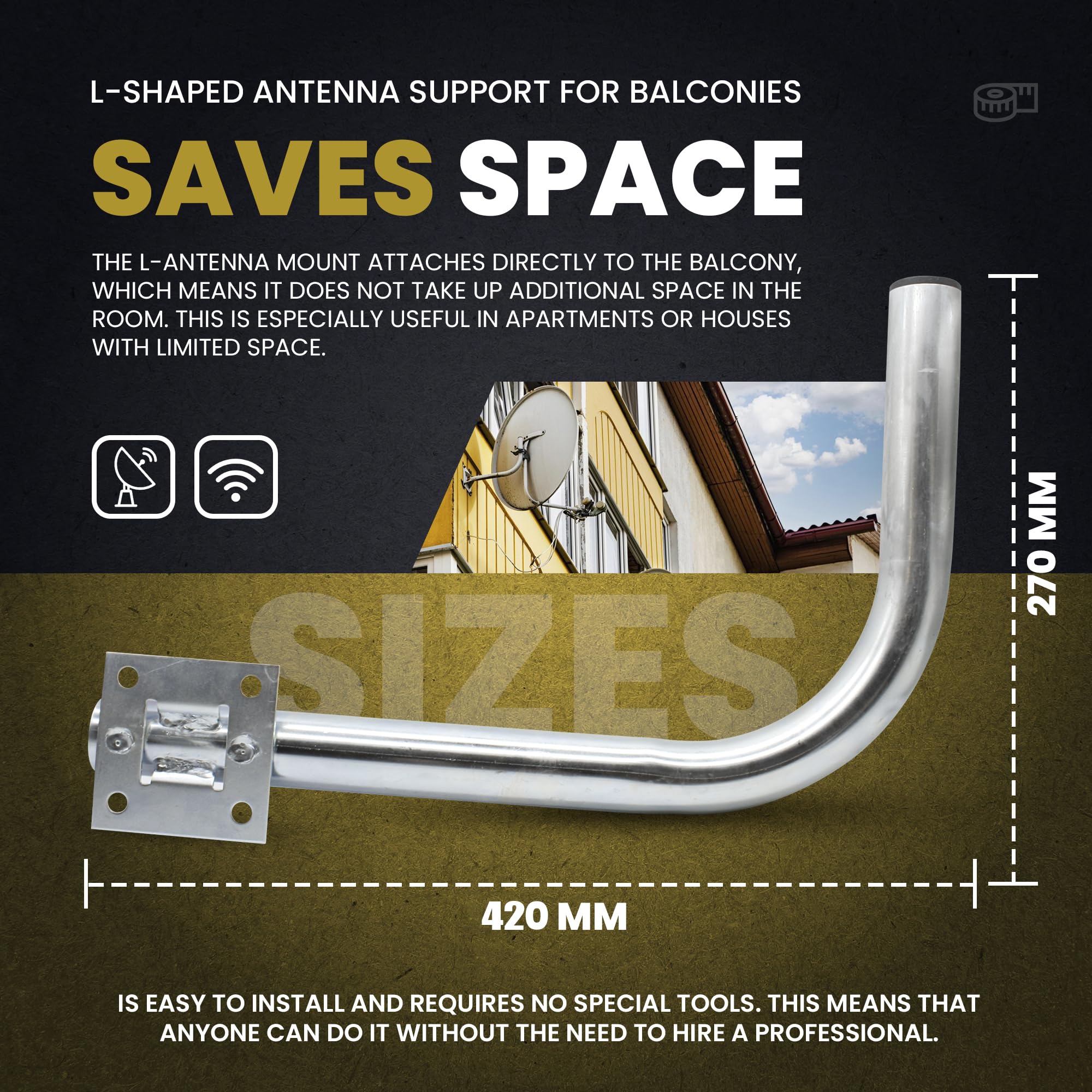 DOJA Barcelona | Support d'Antenne en L pour Balcon | Pack 1 | Mat Antenne | L42x H27x38cm | Acier Galvanise | Accessoires De Fixation | Pour Support Mural TV, Antenne TV Exterieure, Parabole
