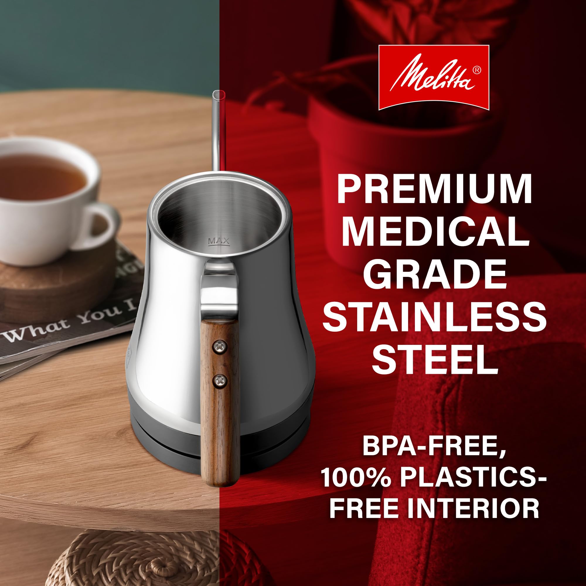 Melitta Precision Pour X Stainless Steel Gooseneck Electric Kettle | Wooden Handle, Wooden Knob, Gooseneck Spout, BPA Free interior, Automatic Shut Off