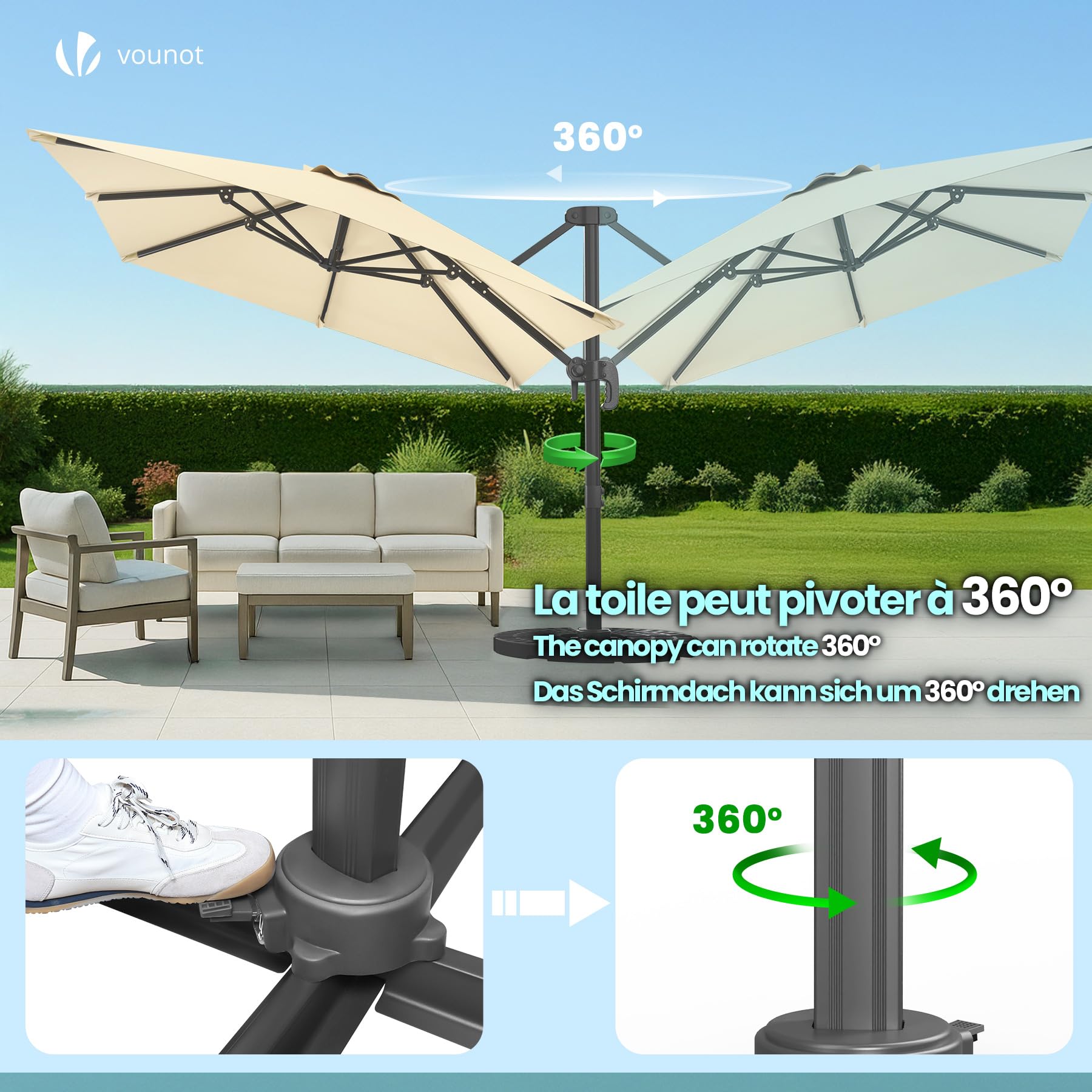 vounot® Parasol Déporté Carré 3x3M avec 8 Baleines Parasol de Jardin Extérieur Rotation 360° Inclinable 6 Positions Toile Polyester Anti UV et Imperméable avec Housse Beige Foncé