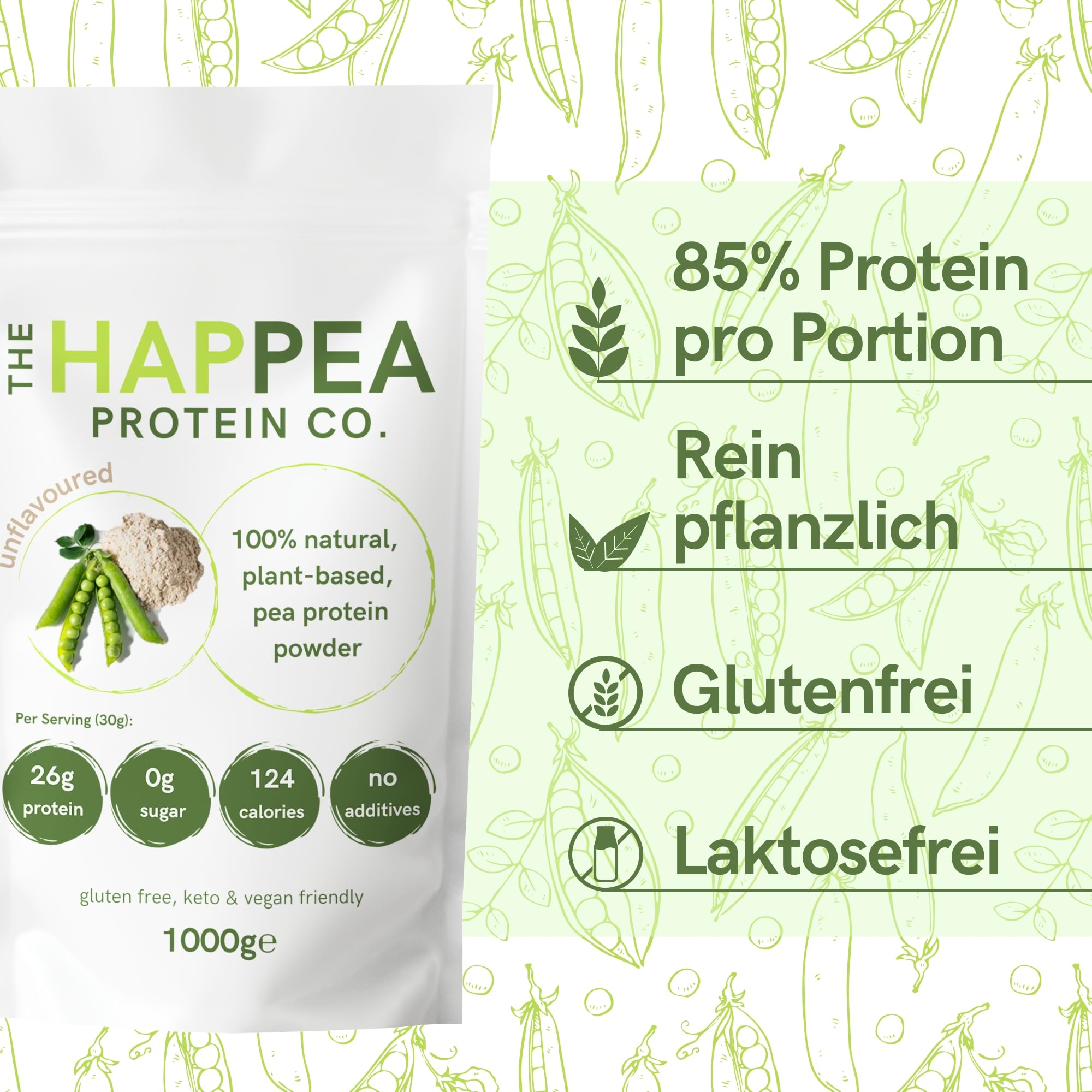1 kg Hochwertiges Vegan Erbsenprotein Pulver - 85% Protein - Veganes Proteinpulver, Geschmacksneutral, Ohne Zucker, Ideal für Muskelaufbau & Diät, Hoch Löslich, 100% GVO-frei