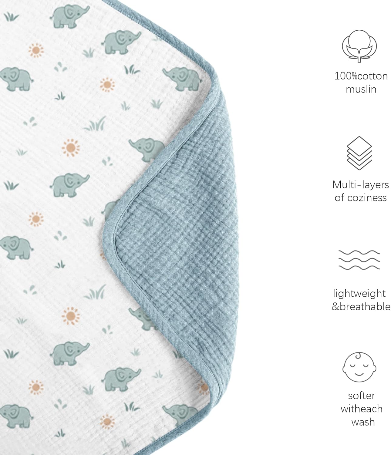 Konssy Muslin Baby Blankets for Girls Boys, 100% Cotton Crib Blanket for Baby Infant Toddler, Super Soft and Lightweight Nursery Blankets 40"x36" (Elephant) - Image 3