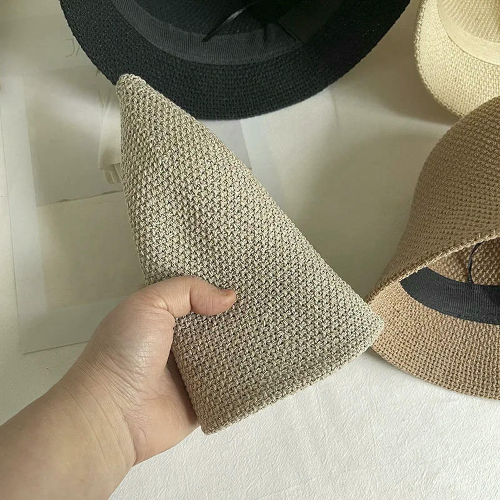 Kapelusz typu bucket len cienkie dzianinowe letnie czapki dla kobiet vintage czapki rybackie damskie prosta czapka przeciwsłoneczna-beżowa