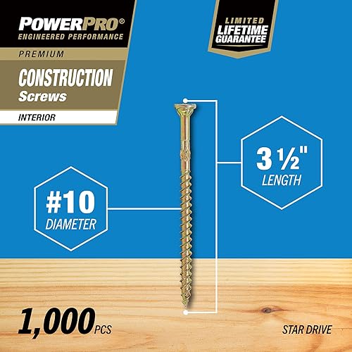 Miniatura 8 de Power Pro 48583 Tornillos de madera, #9 x 2-12, tornillos de gabinete para interiores Star Drive, zinc amarillo dorado, caja de 1 libra
