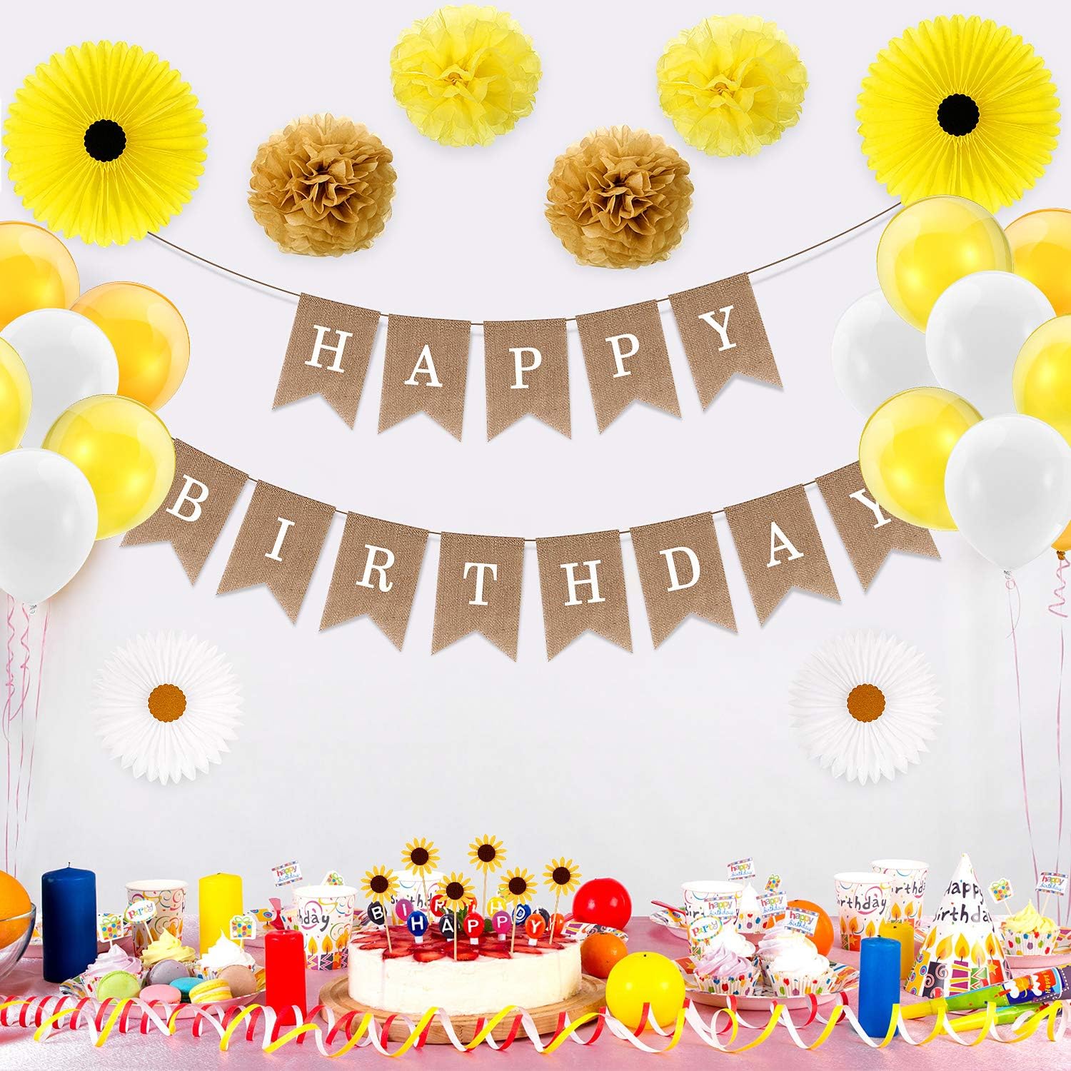 34 Pieces Sunflower Birthday Party Decorations Set Include 1 Sunflower Happy Birthday Banner, 1 Artificial Sunflower Garland, 9 Sunflower Cupcake Toppers, 4 Tissue Paper Fans, 4 Pom Poms, 15 Balloons
